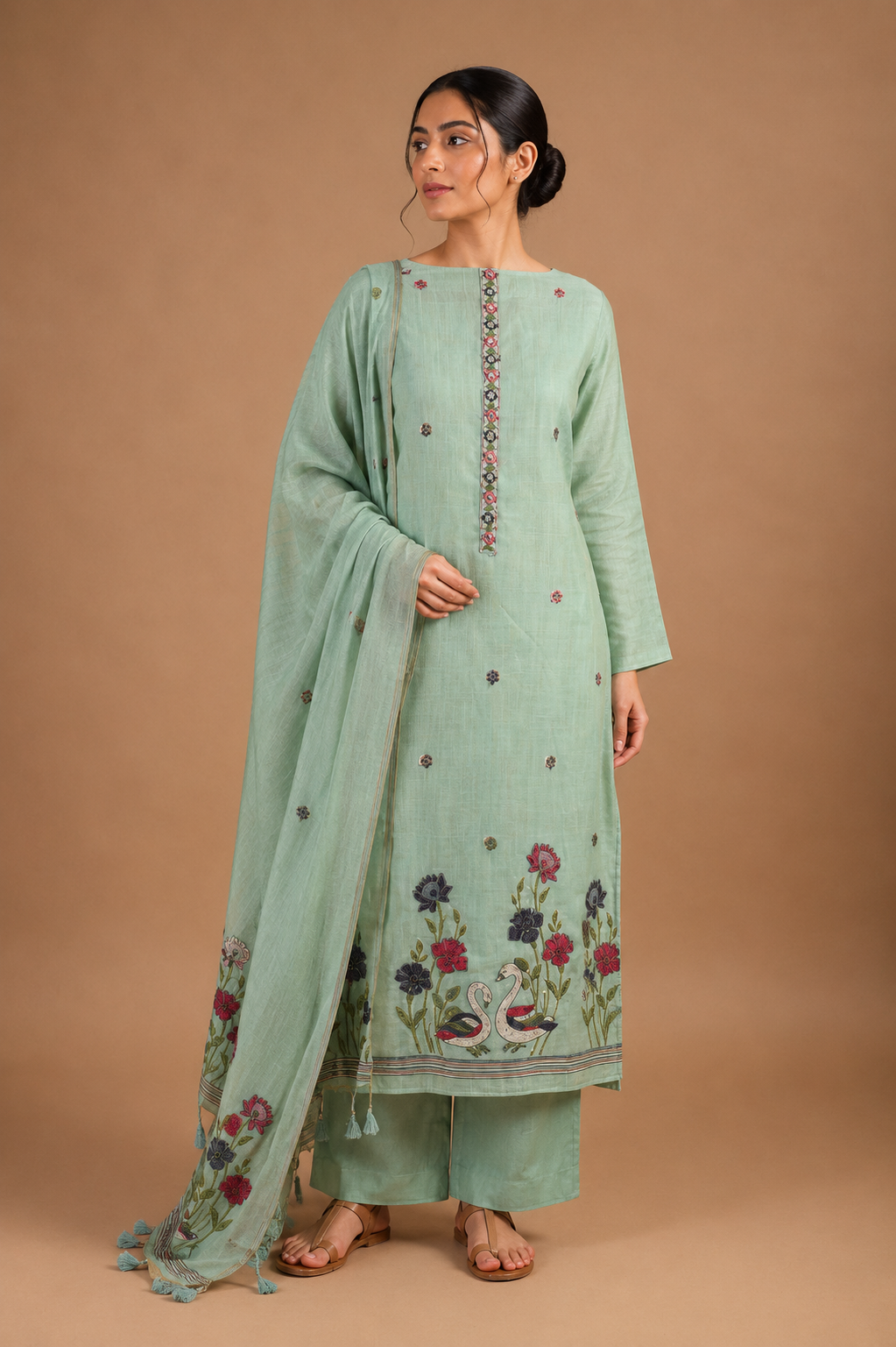 Green Jamdani Unstitched Suit Set in Chanderi with Embroidery