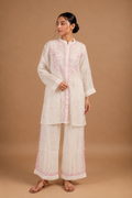 White Semi-Stitched Coord Set with Pink Embroidery in Mul Chanderi