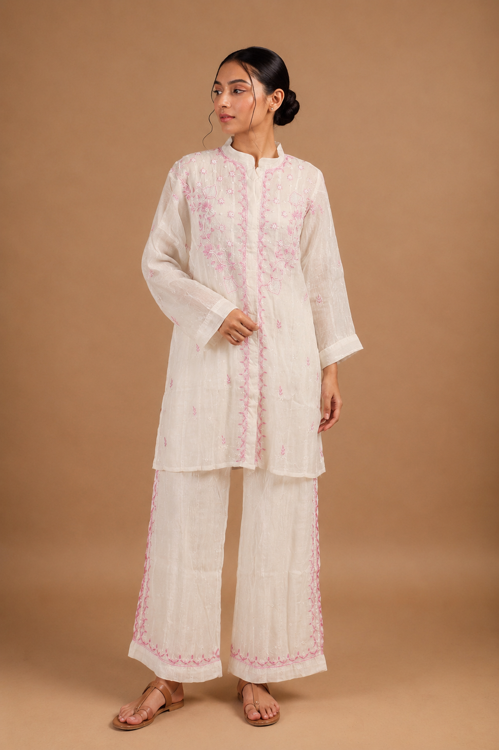 White Semi-Stitched Coord Set with Pink Embroidery in Mul Chanderi