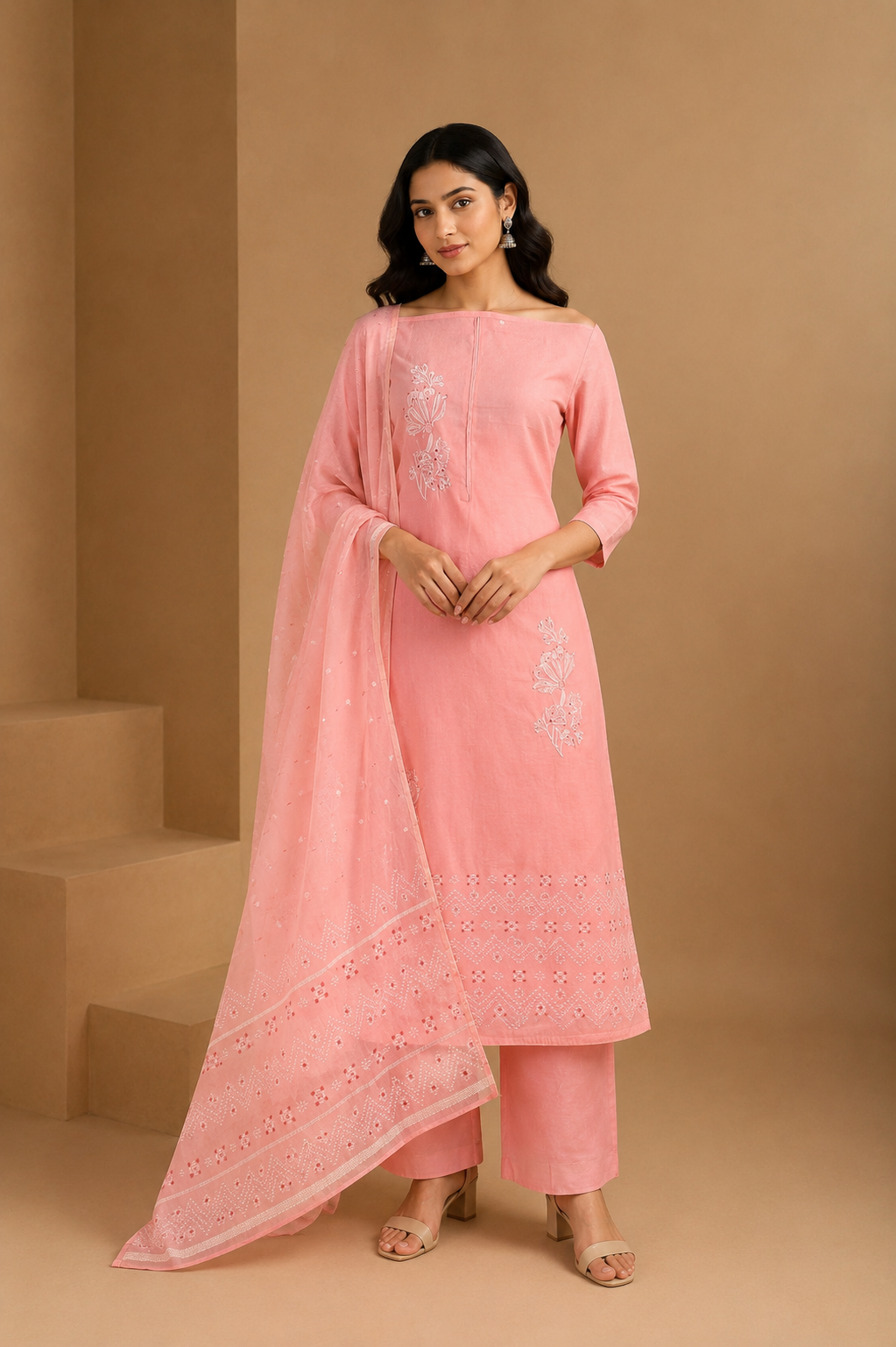 Peach Jamdani Weave Unstitched 3-Piece Suit Set in Chanderi