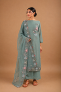 Teal Green Embroidered Unstitched 3-Piece Suit Set in Mul Chanderi