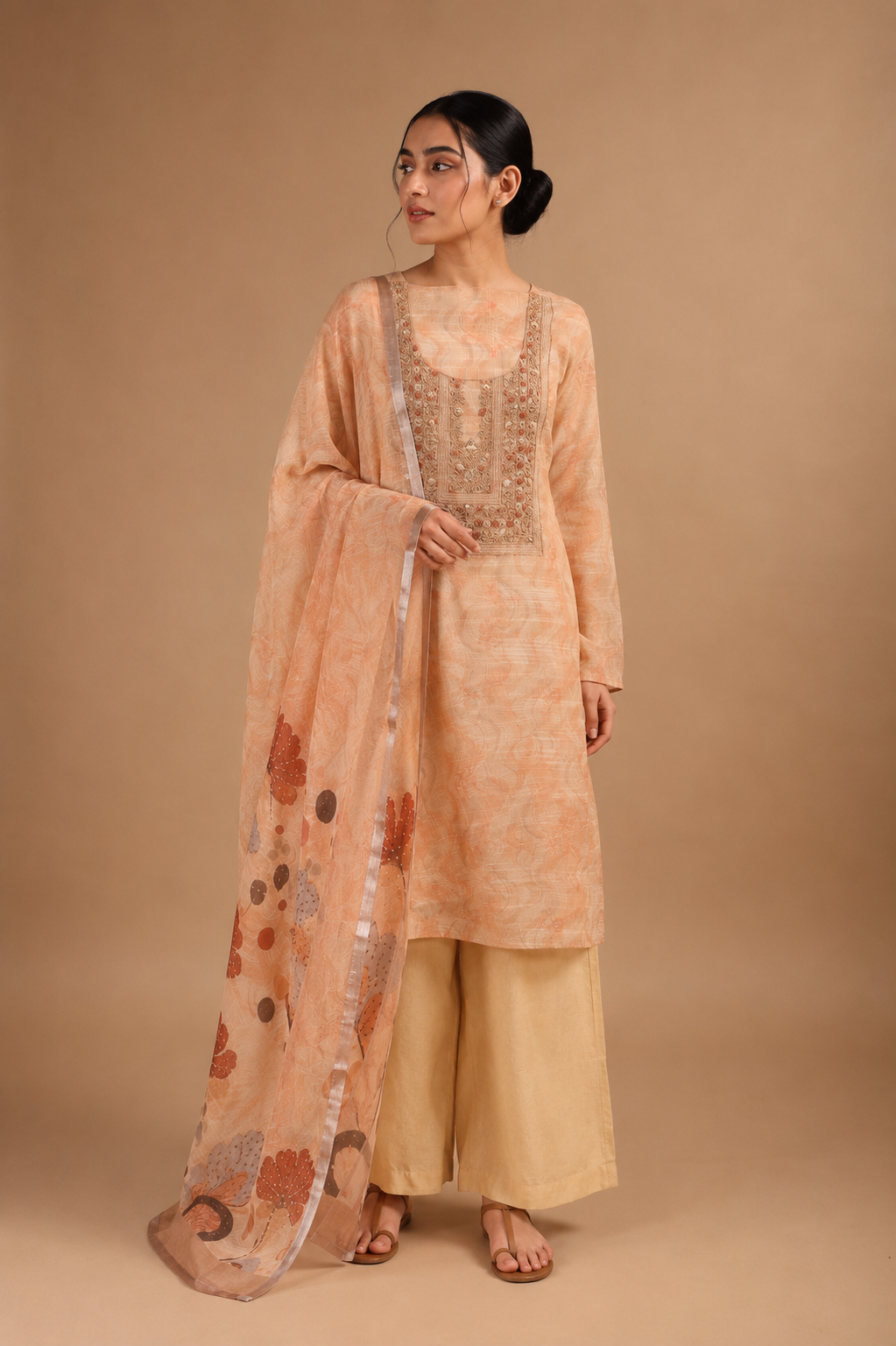 Peach Jamdani Unstitched Suit Set with French Knots Embroidery