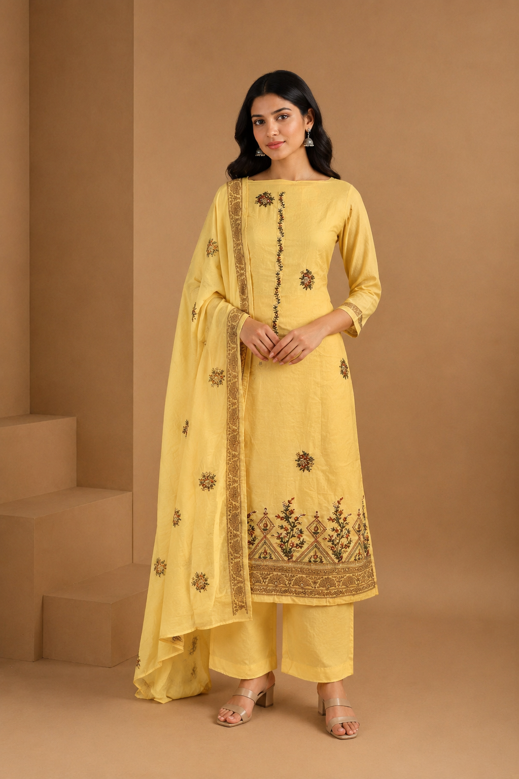 Yellow Thread Embroidered Unstitched 3-Piece Suit Set in Mul Chanderi