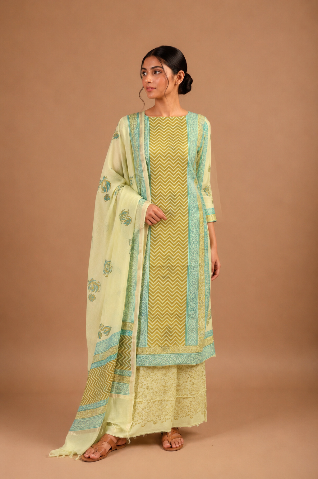 Lime Green Hand Block Printed Unstitched 3-Piece Suit Set in Mul Chanderi