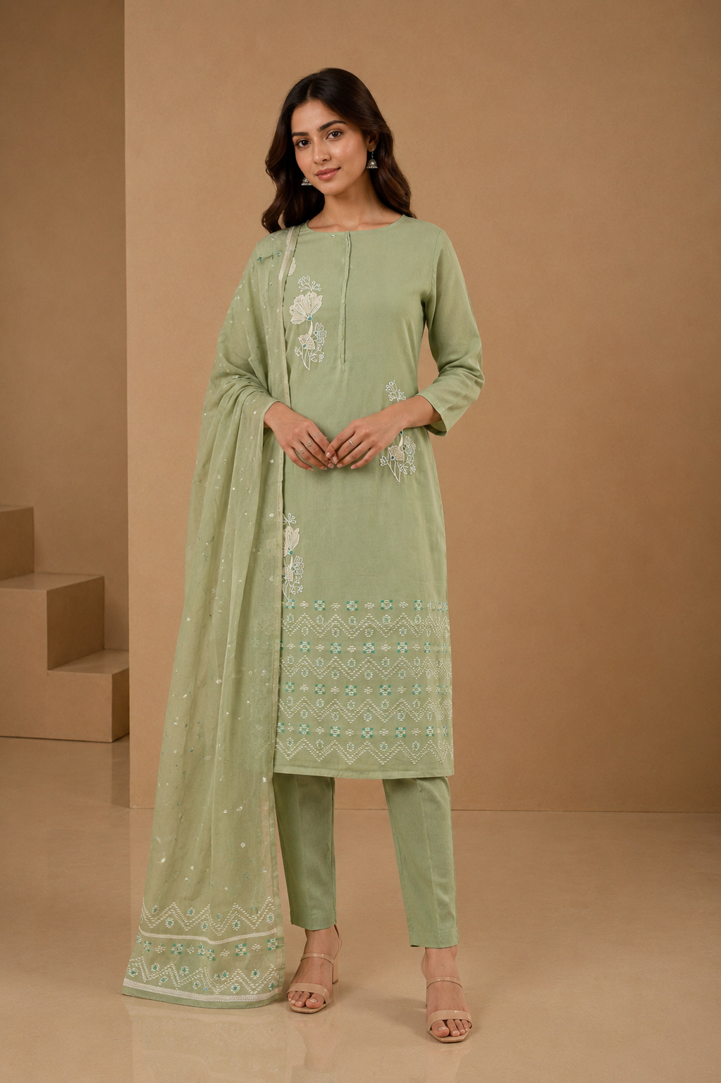 Light Green Chanderi Suit with Jamdani Weave & Embroidered Detailing