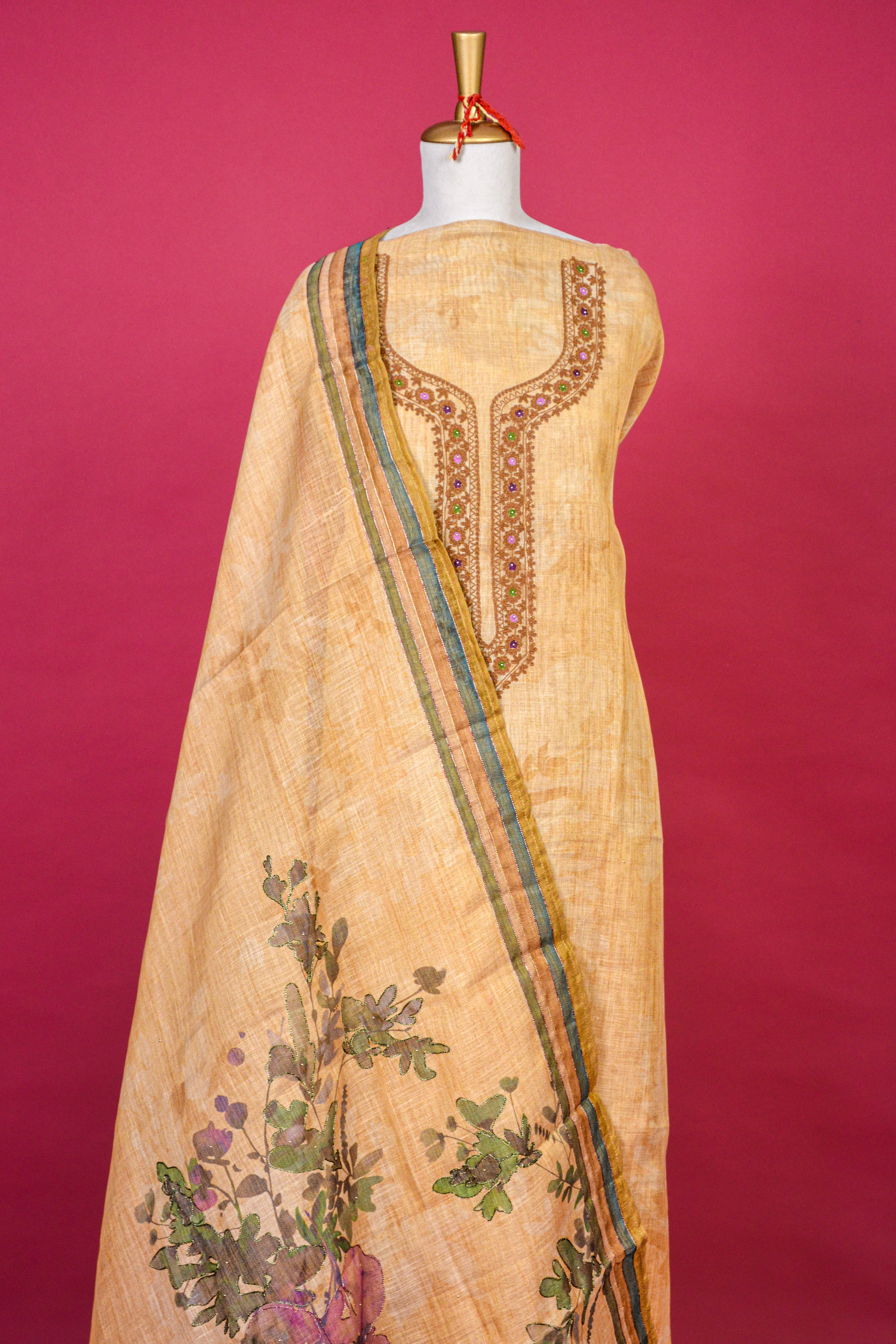 Earthy Yellow Linen Jamdani Dori Work Kurta with Digital Print Dupatta – 3 piece