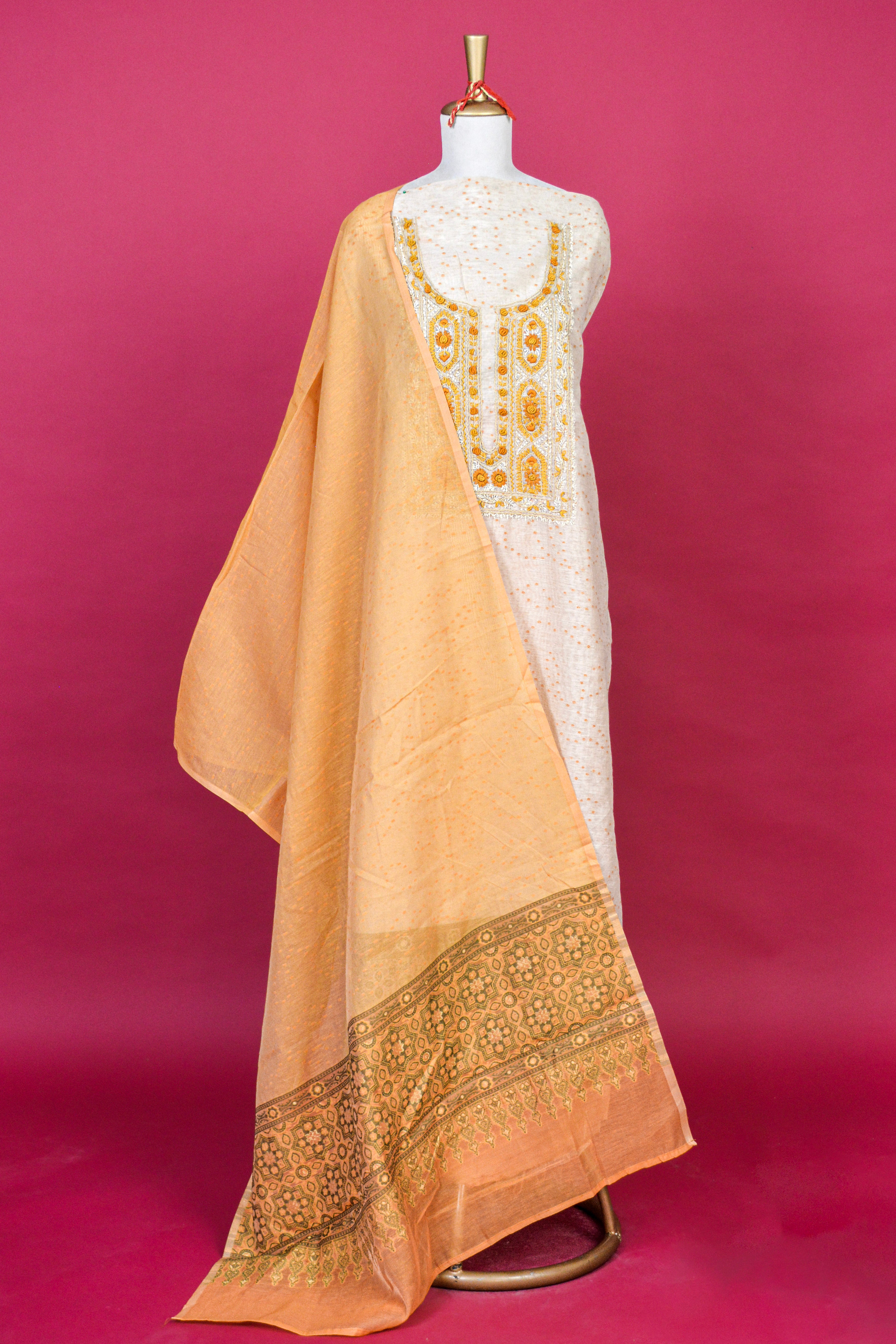 Ivory & Earthy Yellow Jamdani Linen French Knot Embroidered Kurta with Digital Print Dupatta – 3 piece