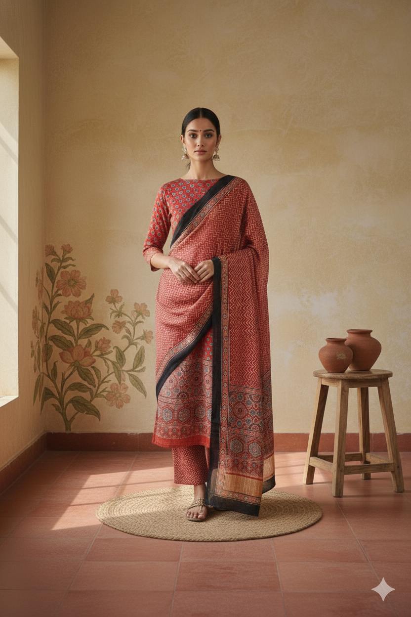 Brick Red Ajrakh Hand Block Printed Modal Silk Suit Set – Unstitched 3-Piece
