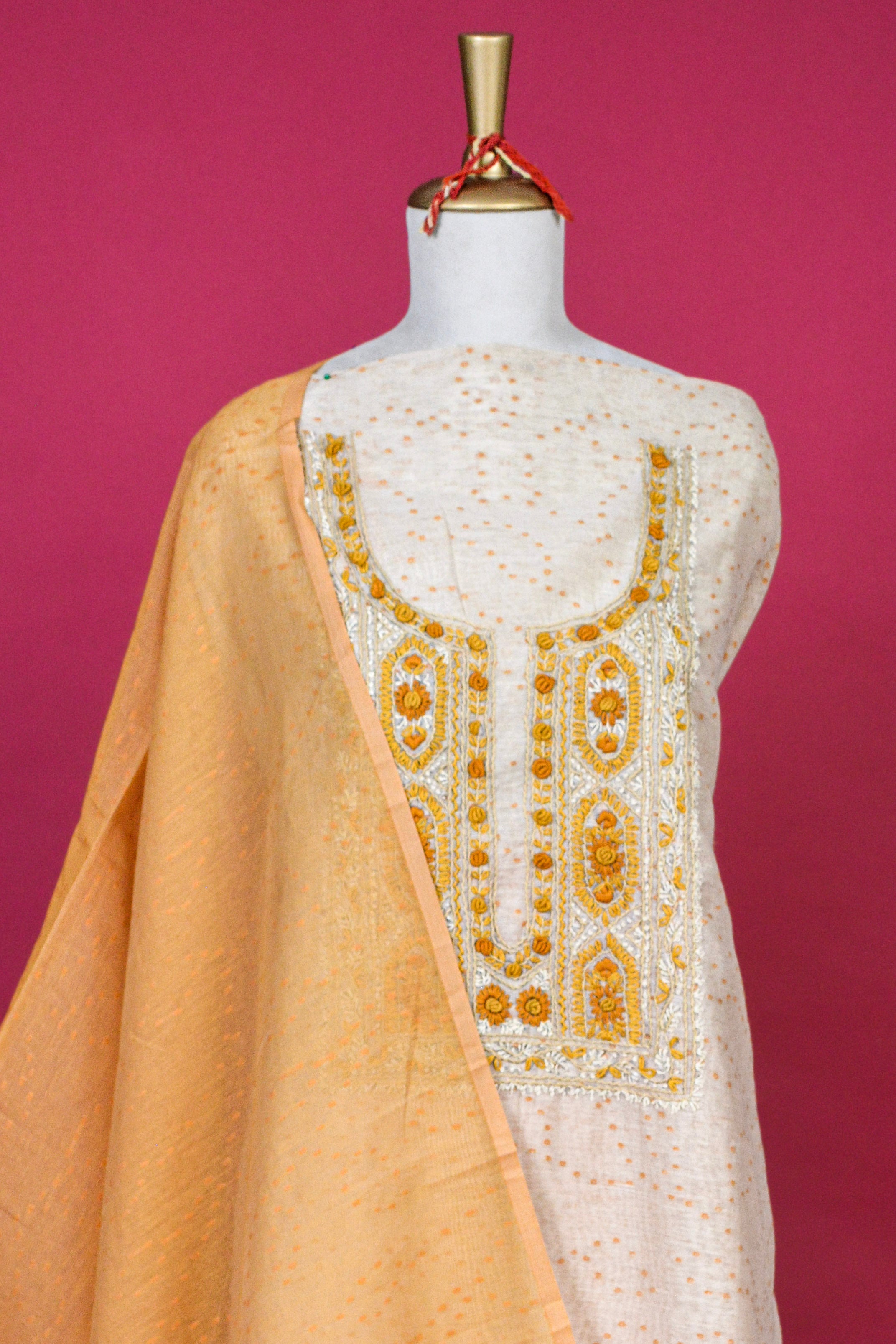 Ivory & Earthy Yellow Jamdani Linen French Knot Embroidered Kurta with Digital Print Dupatta – 3 piece