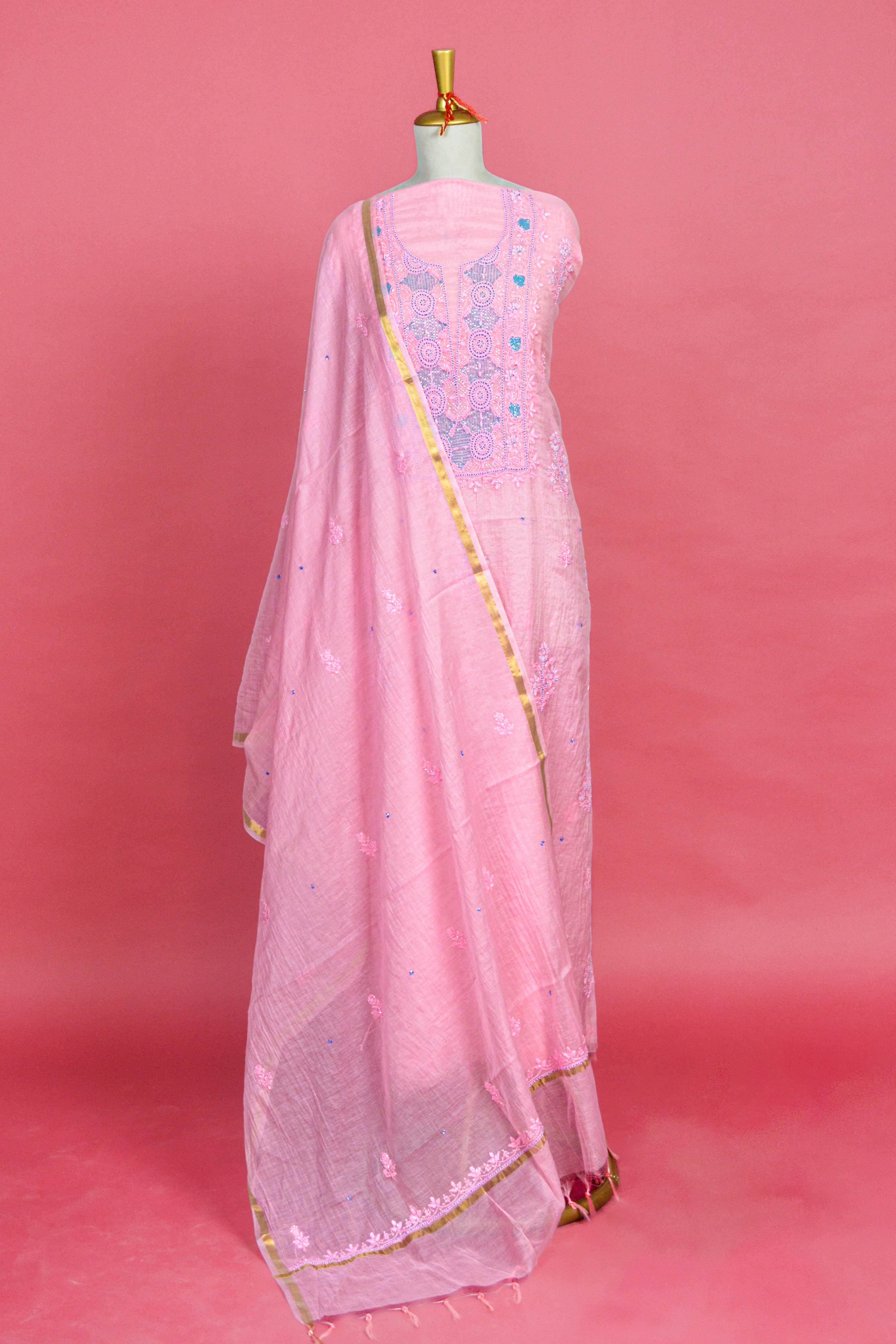 Ice Pink Chikankari Hand Embroidered Kurta & Dupatta Set - Mul mul cotton