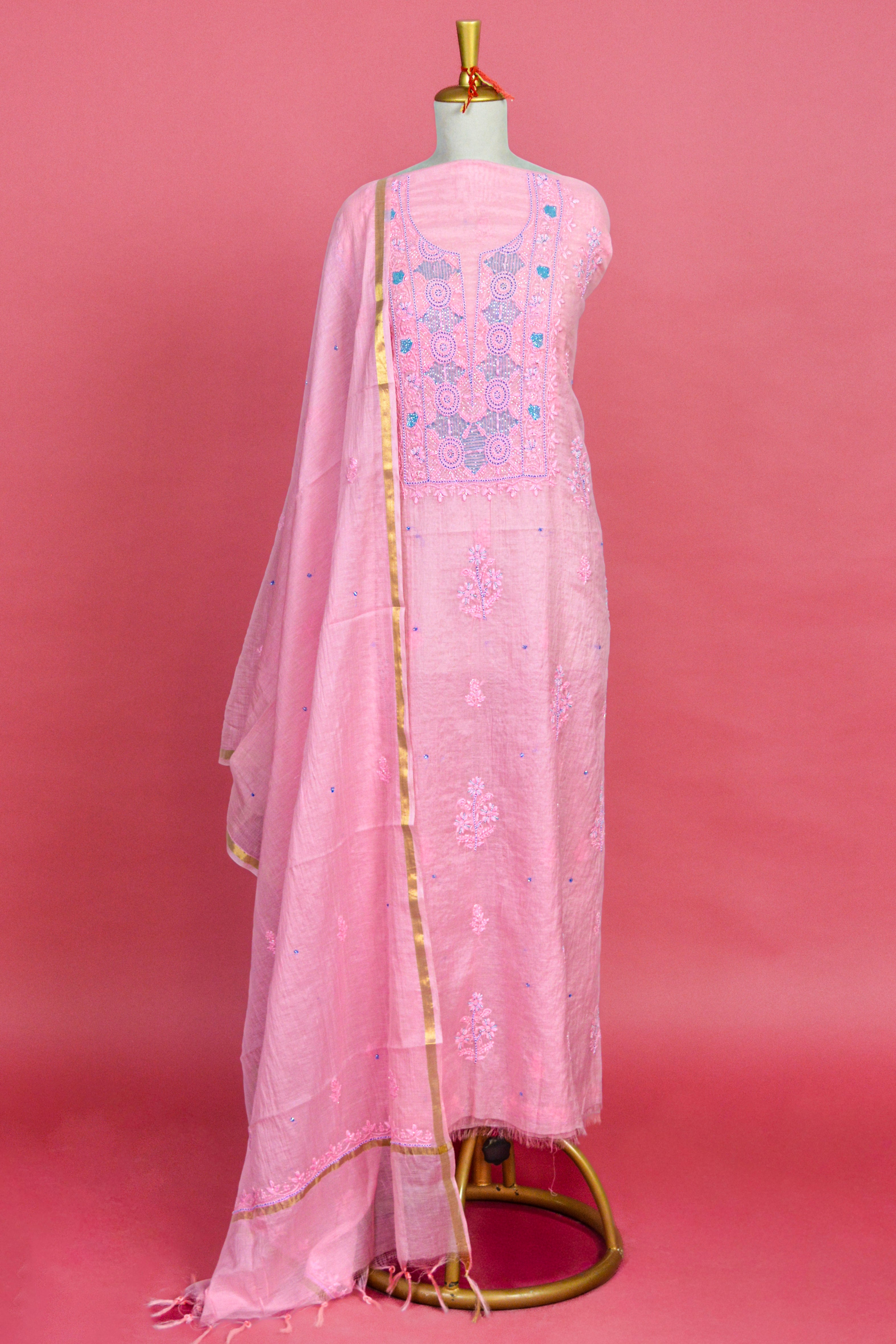 Ice Pink Chikankari Hand Embroidered Kurta & Dupatta Set - Mul mul cotton