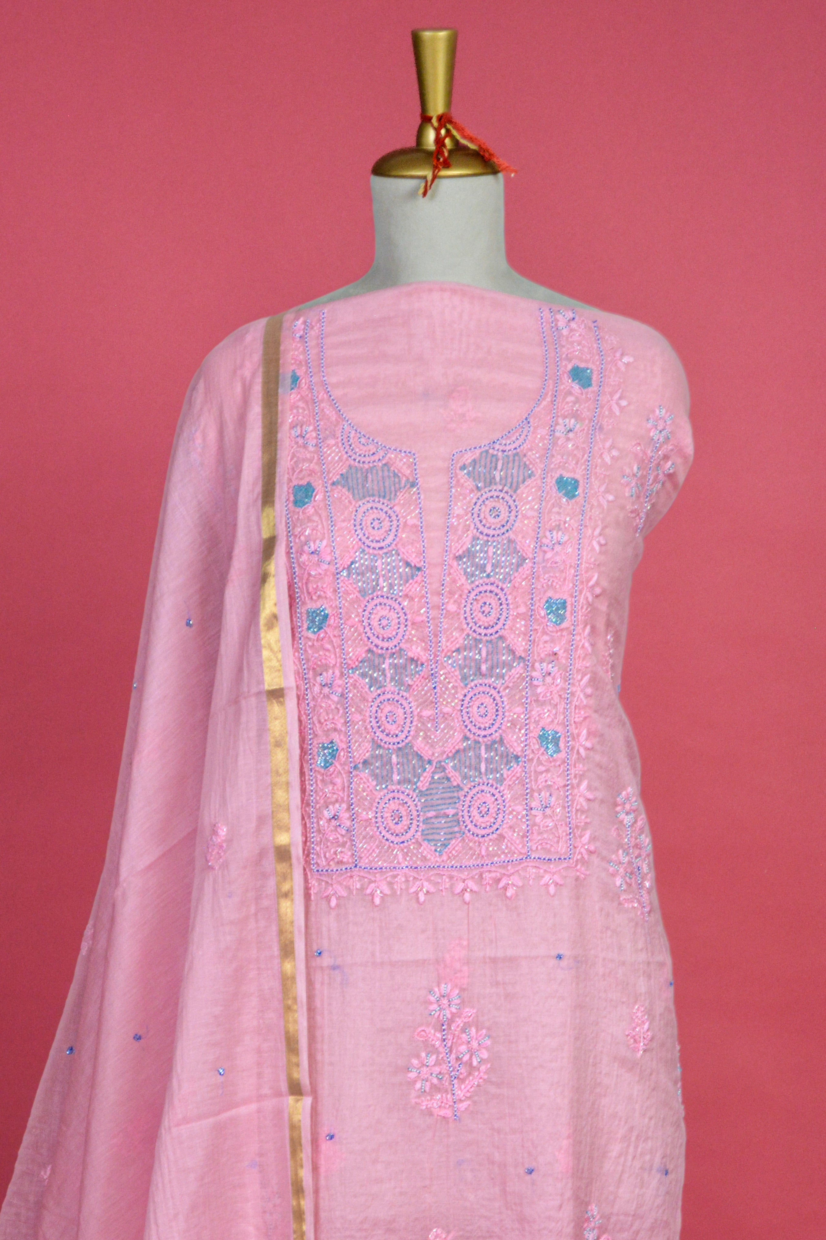Ice Pink Chikankari Hand Embroidered Kurta & Dupatta Set - Mul mul cotton