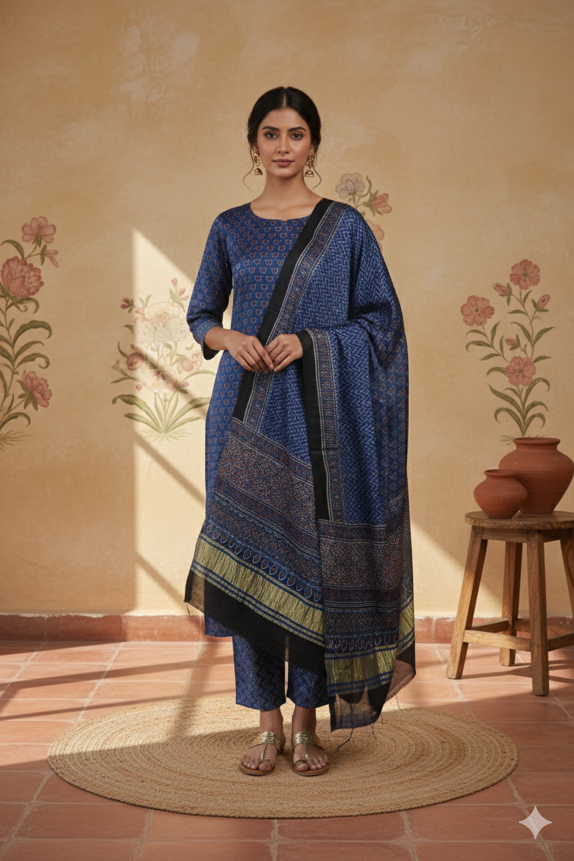 Indigo Blue Ajrakh Hand Block Printed Modal Silk Suit Set – Unstitched 3-Piece
