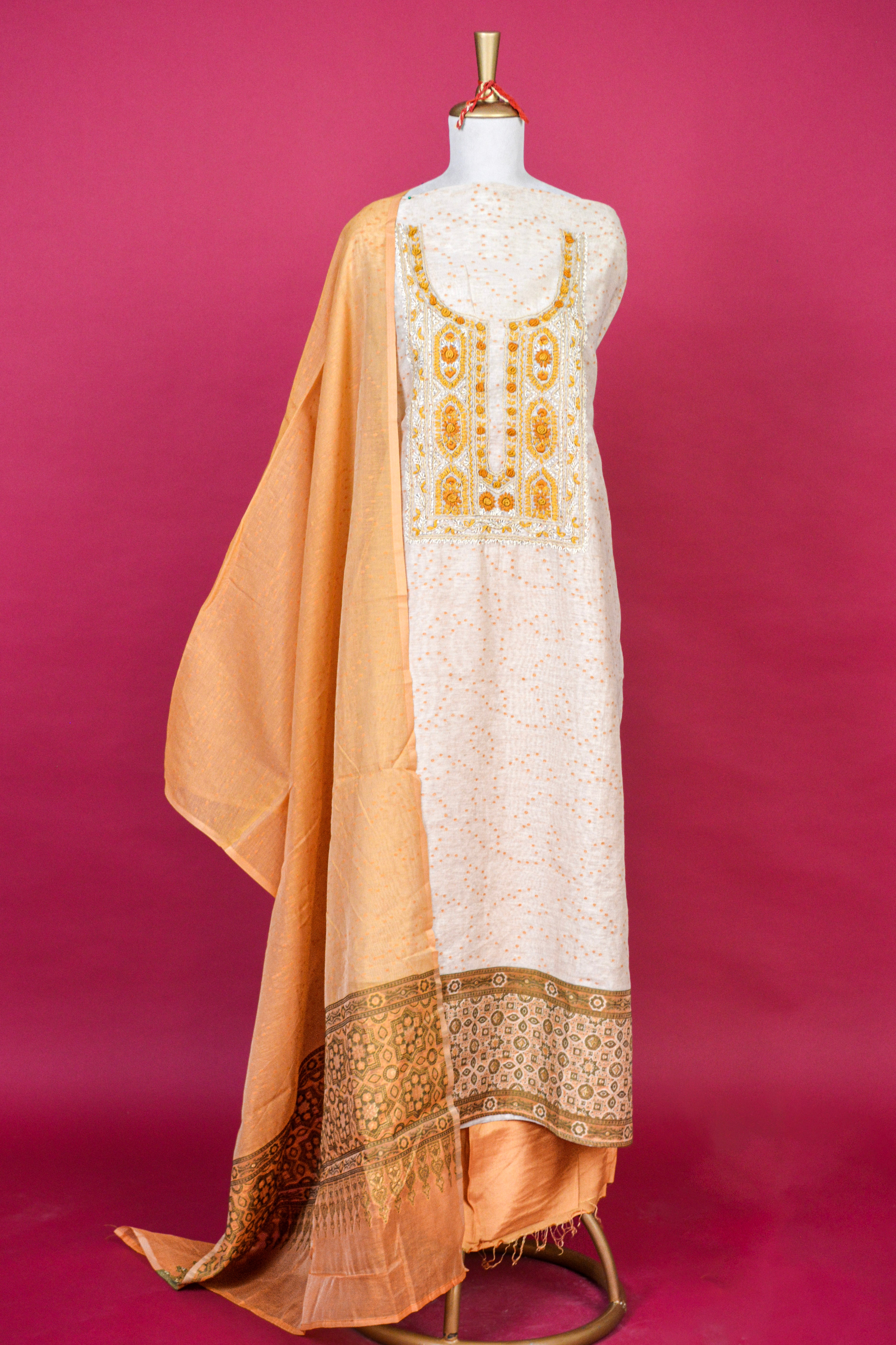 Ivory & Earthy Yellow Jamdani Linen French Knot Embroidered Kurta with Digital Print Dupatta – 3 piece