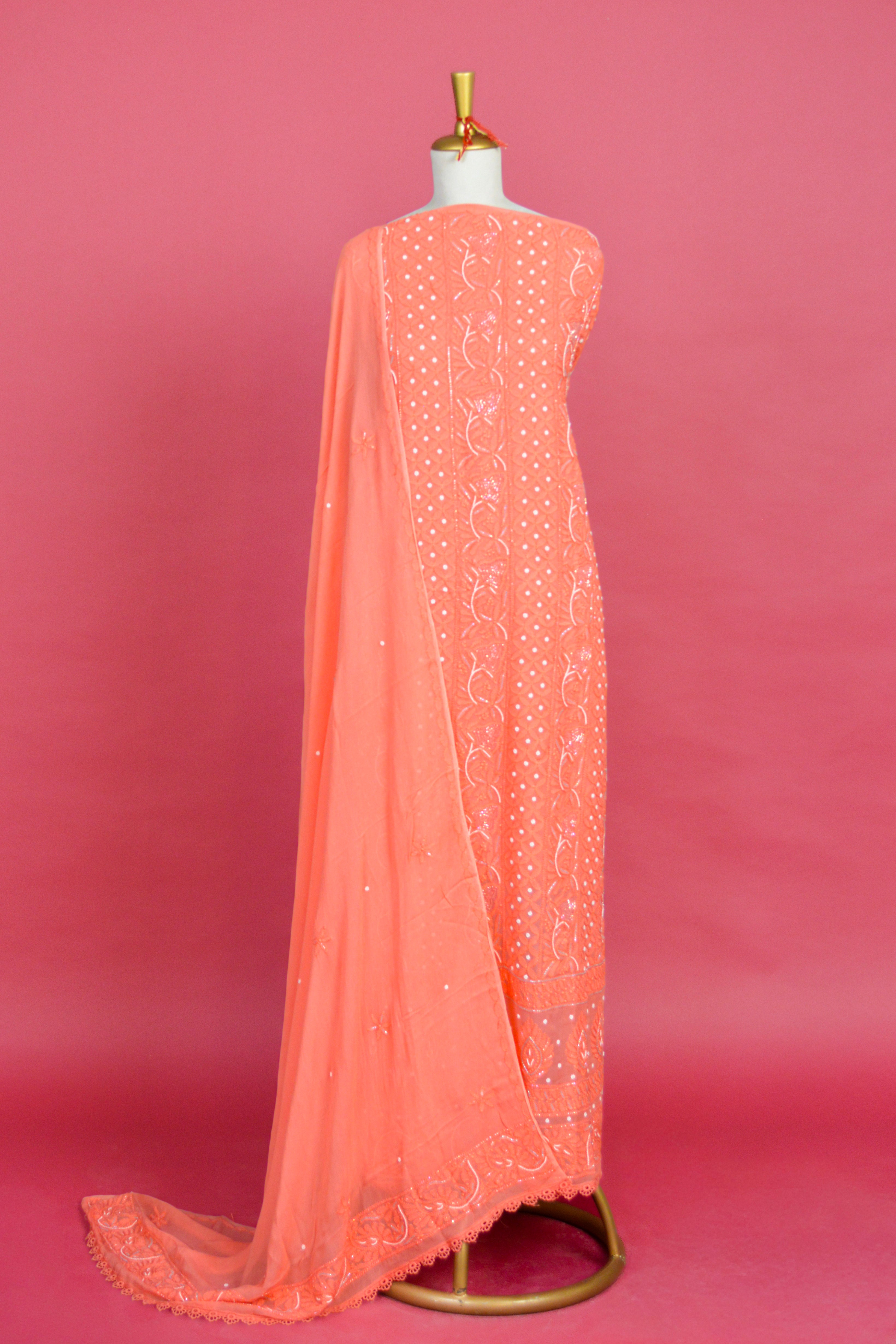 Chikankari Anarkali Kurta & Dupatta Set with Pearl Detailing – Unstitched 2-Piece - Gerogette