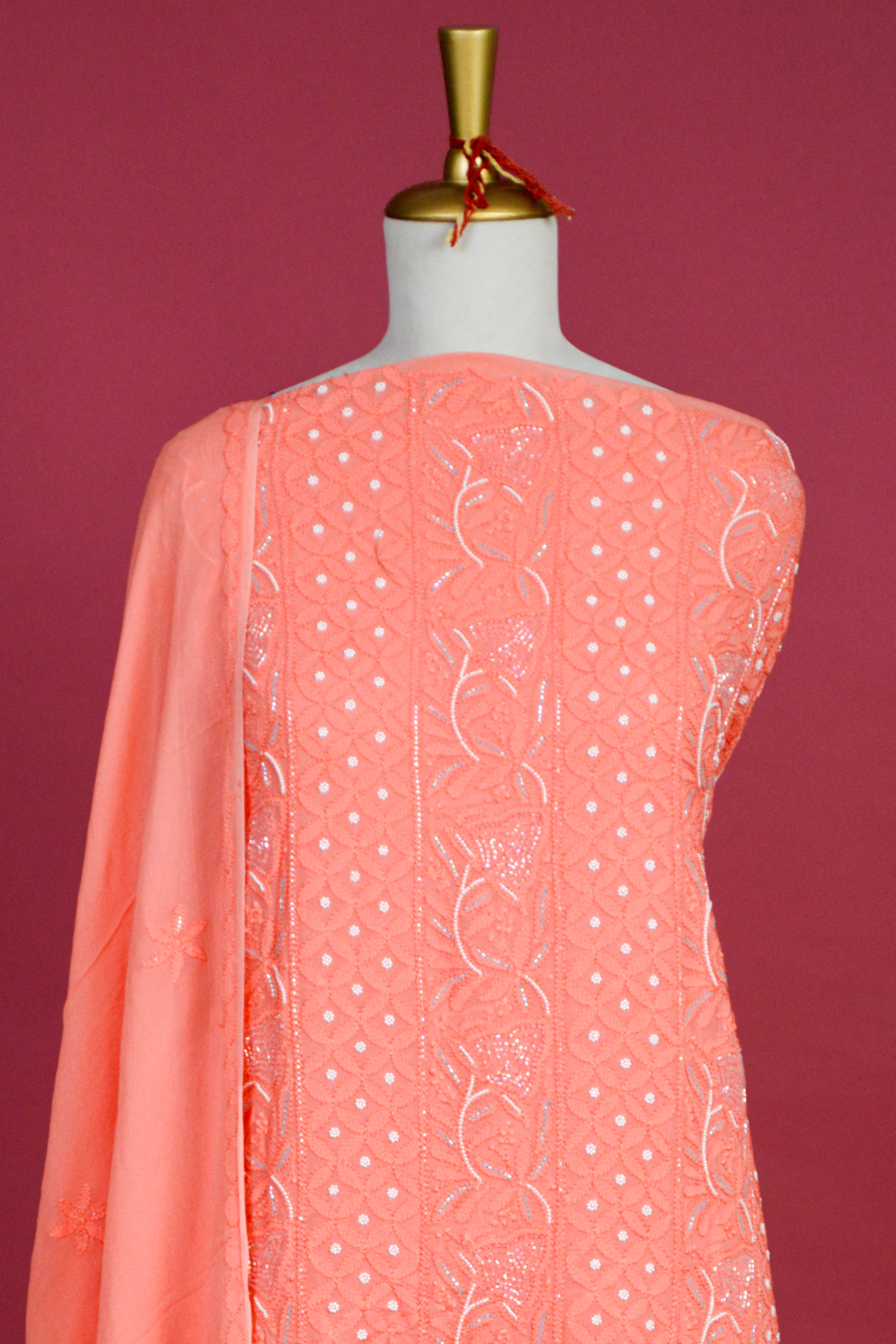 Chikankari Anarkali Kurta & Dupatta Set with Pearl Detailing – Unstitched 2-Piece - Gerogette