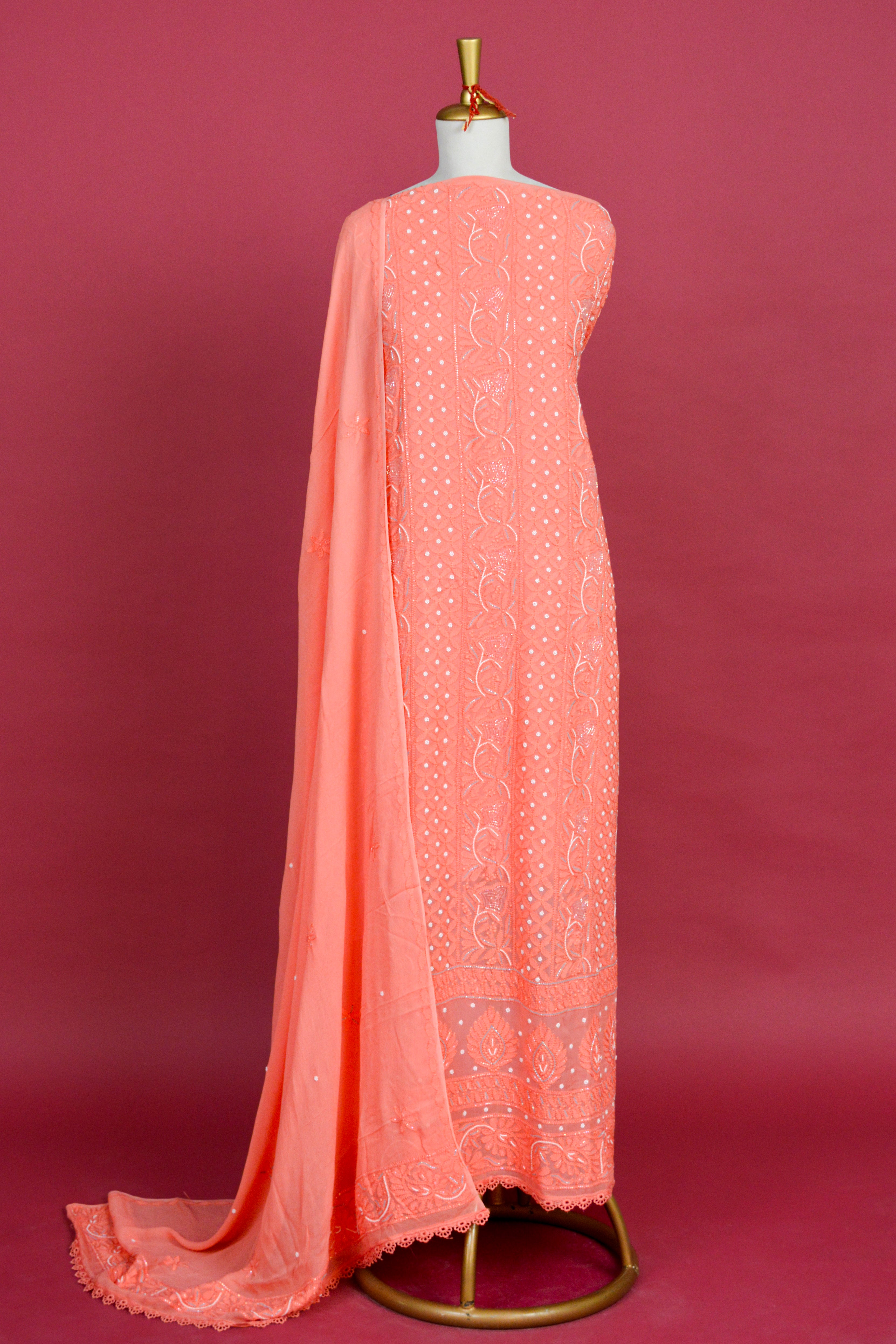 Chikankari Anarkali Kurta & Dupatta Set with Pearl Detailing – Unstitched 2-Piece - Gerogette