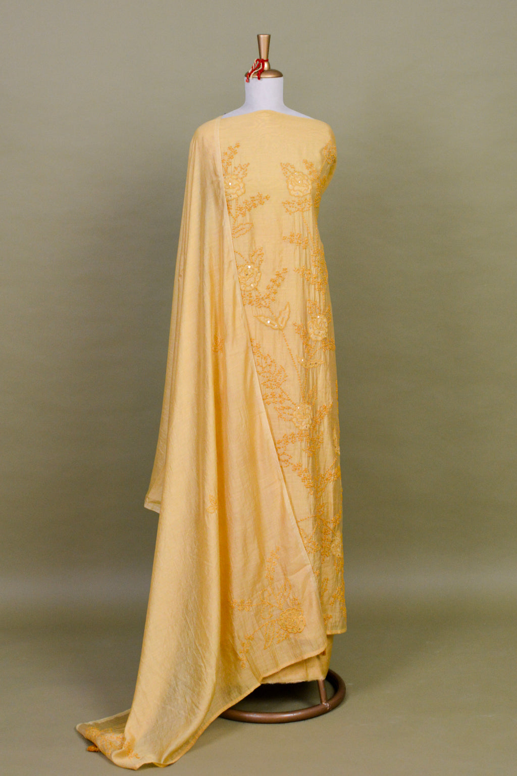 Sunlight Yellow Chanderi Suit Set with French Knot Embroidery – Unstitched 3-Piece