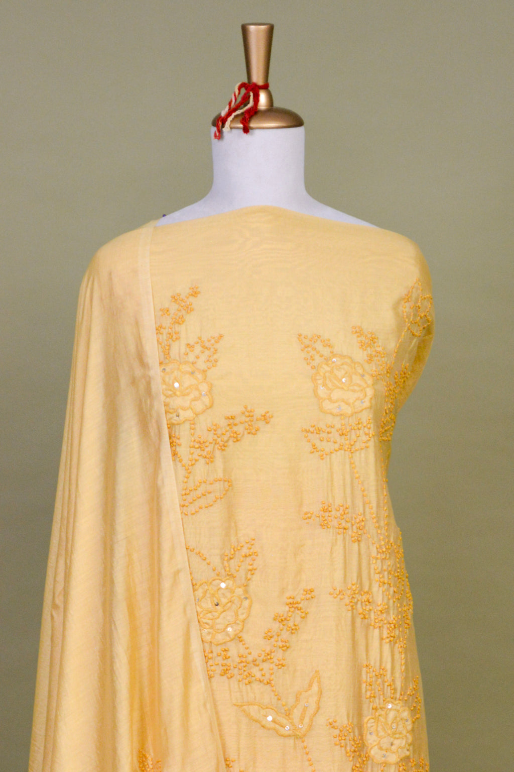 Sunlight Yellow Chanderi Suit Set with French Knot Embroidery – Unstitched 3-Piece