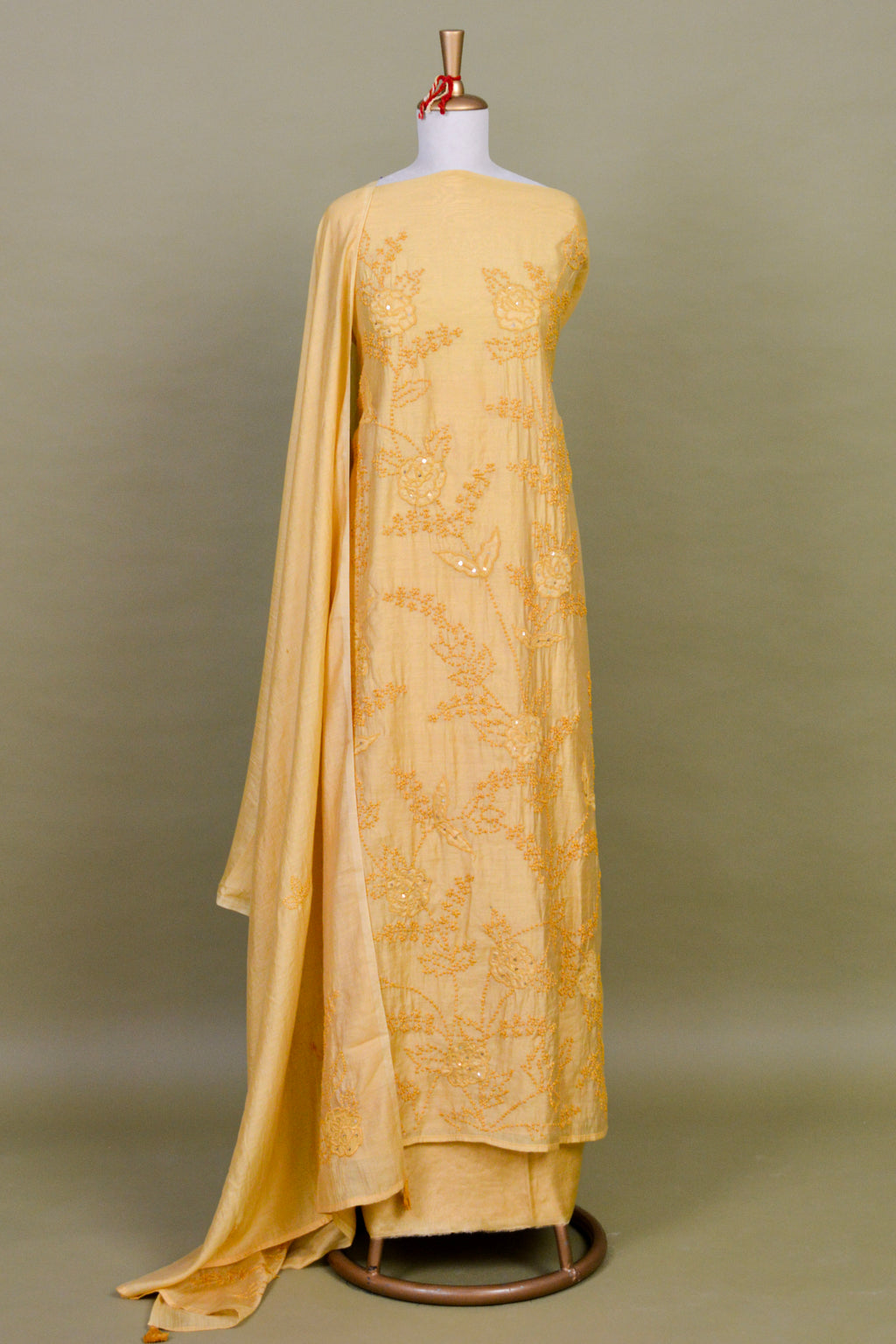 Sunlight Yellow Chanderi Suit Set with French Knot Embroidery – Unstitched 3-Piece