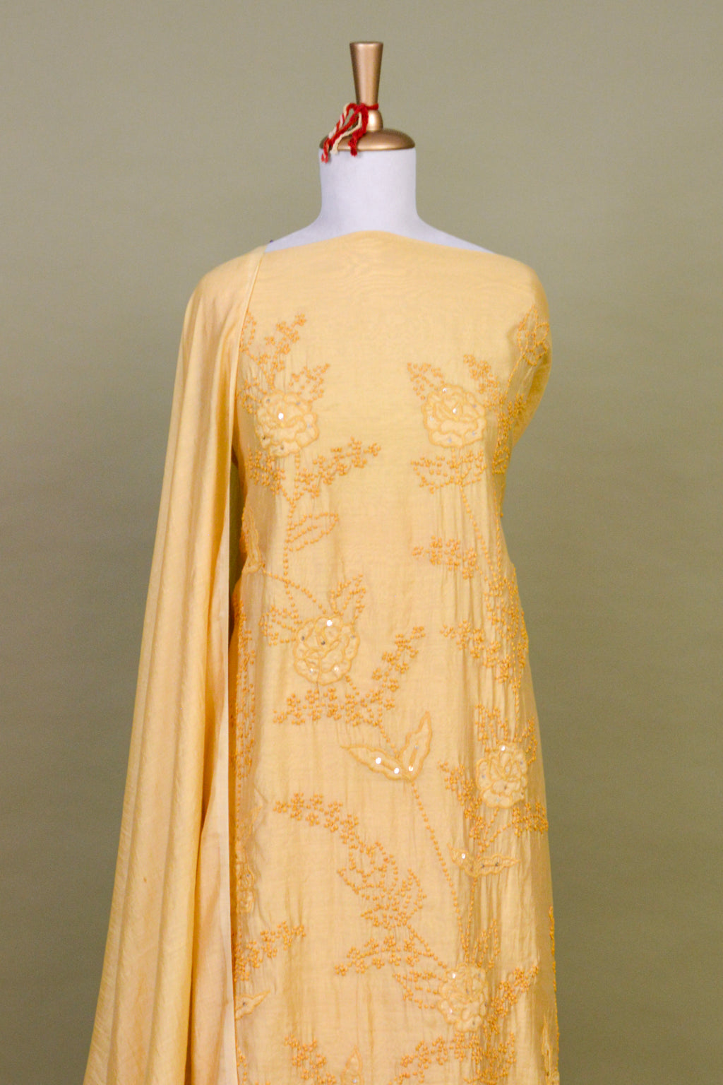 Sunlight Yellow Chanderi Suit Set with French Knot Embroidery – Unstitched 3-Piece