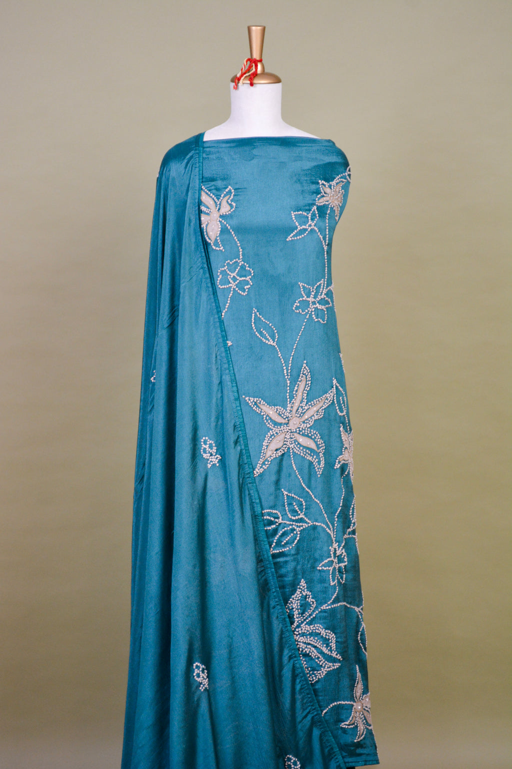 Teal Blue Chanderi Suit Set with French Knot Embroidery – Unstitched 3-Piece