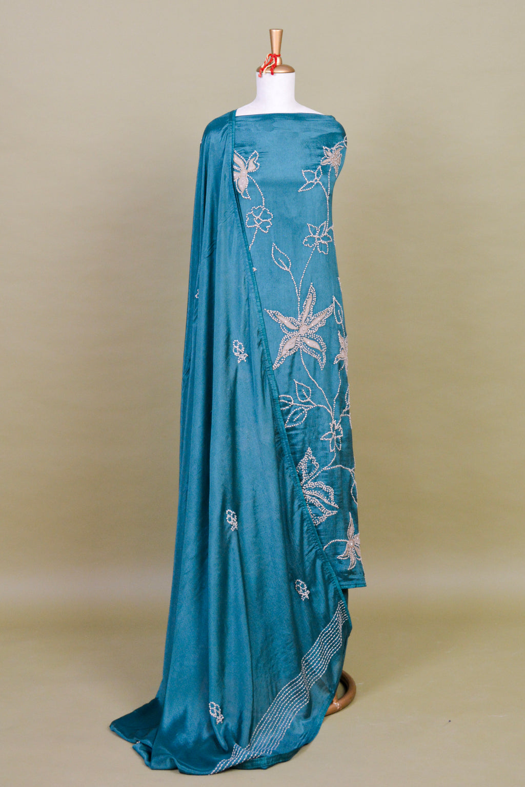 Teal Blue Chanderi Suit Set with French Knot Embroidery – Unstitched 3-Piece