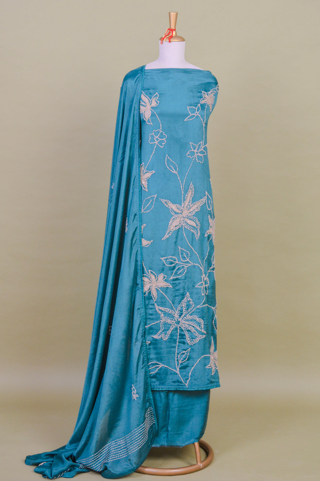 Teal Blue Chanderi Suit Set with French Knot Embroidery – Unstitched 3-Piece