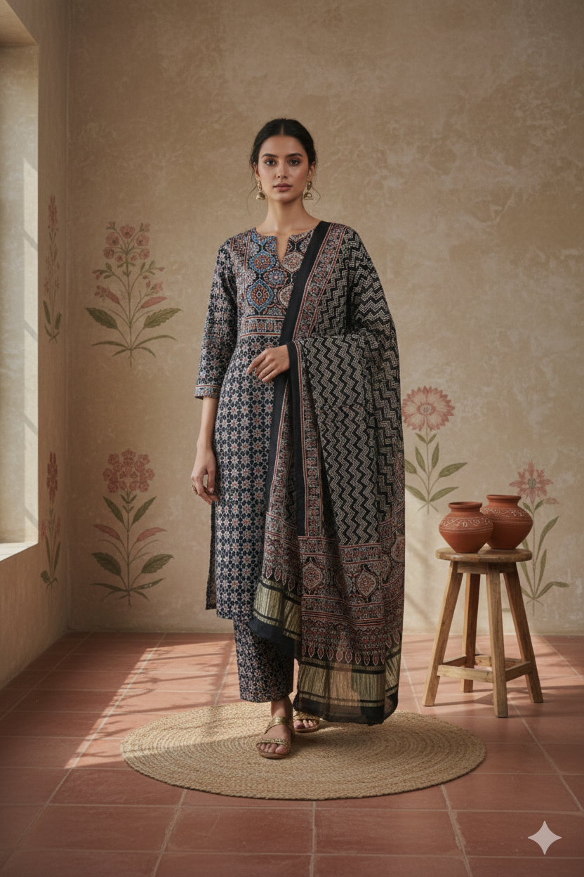 Charcoal Ajrakh Hand Block Printed Modal Silk Suit Set – Unstitched 3-Piece