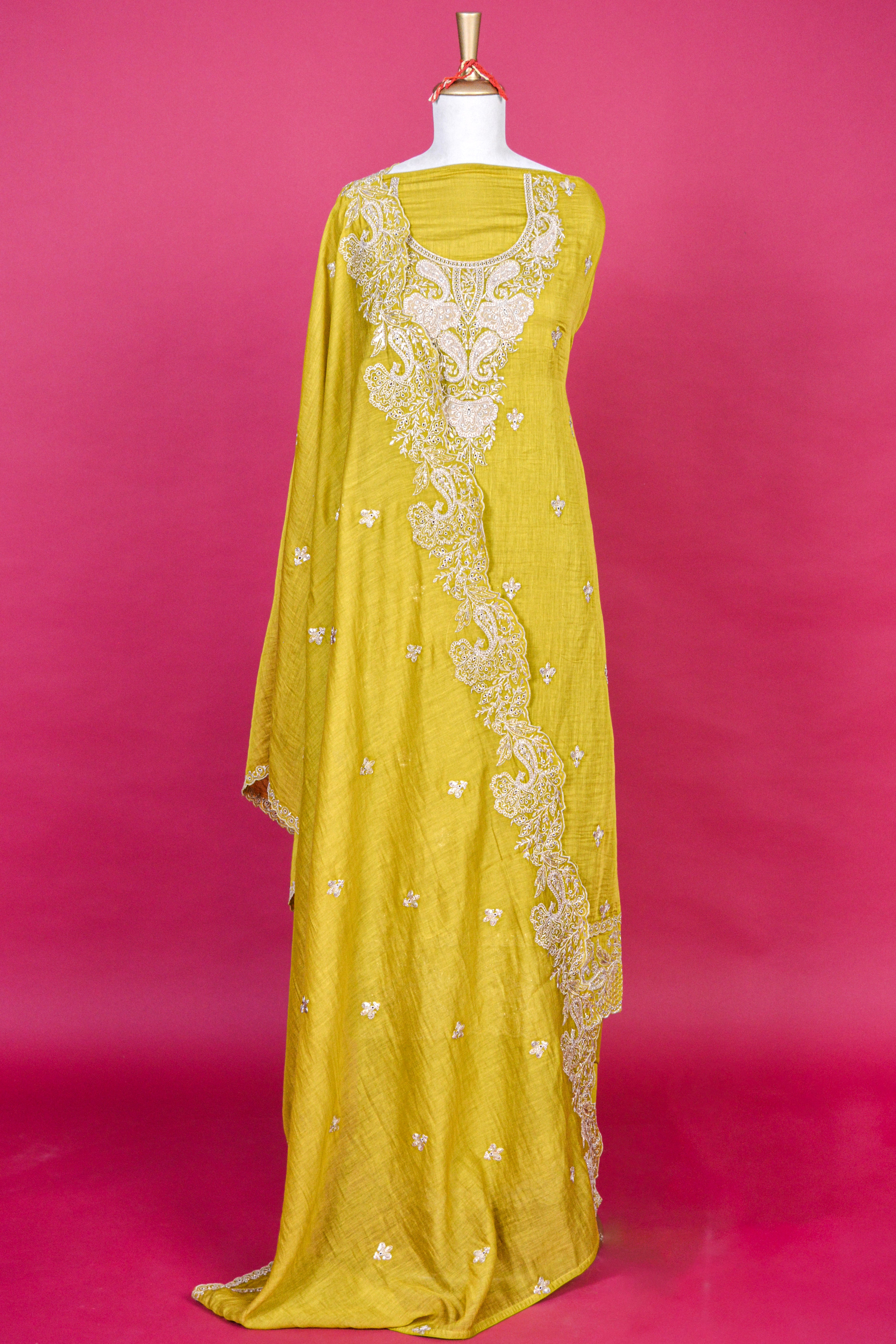 Citrus Green Mul Chanderi Cutwork Embroidered Suit with Scalloped Dupatta – 3 piece