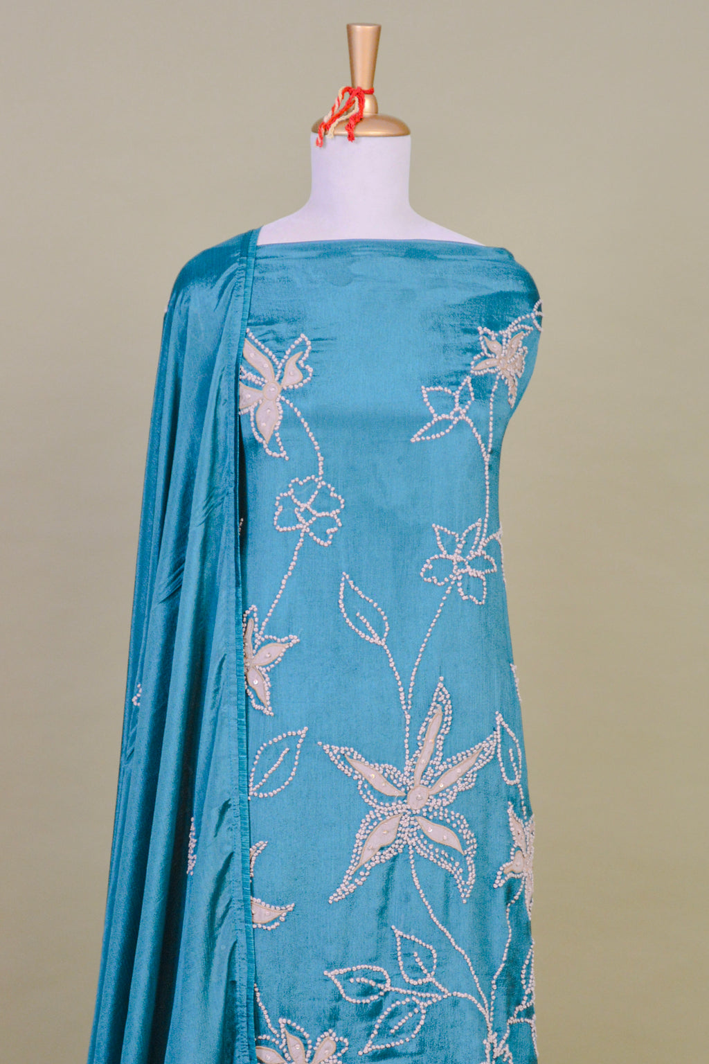 Teal Blue Chanderi Suit Set with French Knot Embroidery – Unstitched 3-Piece