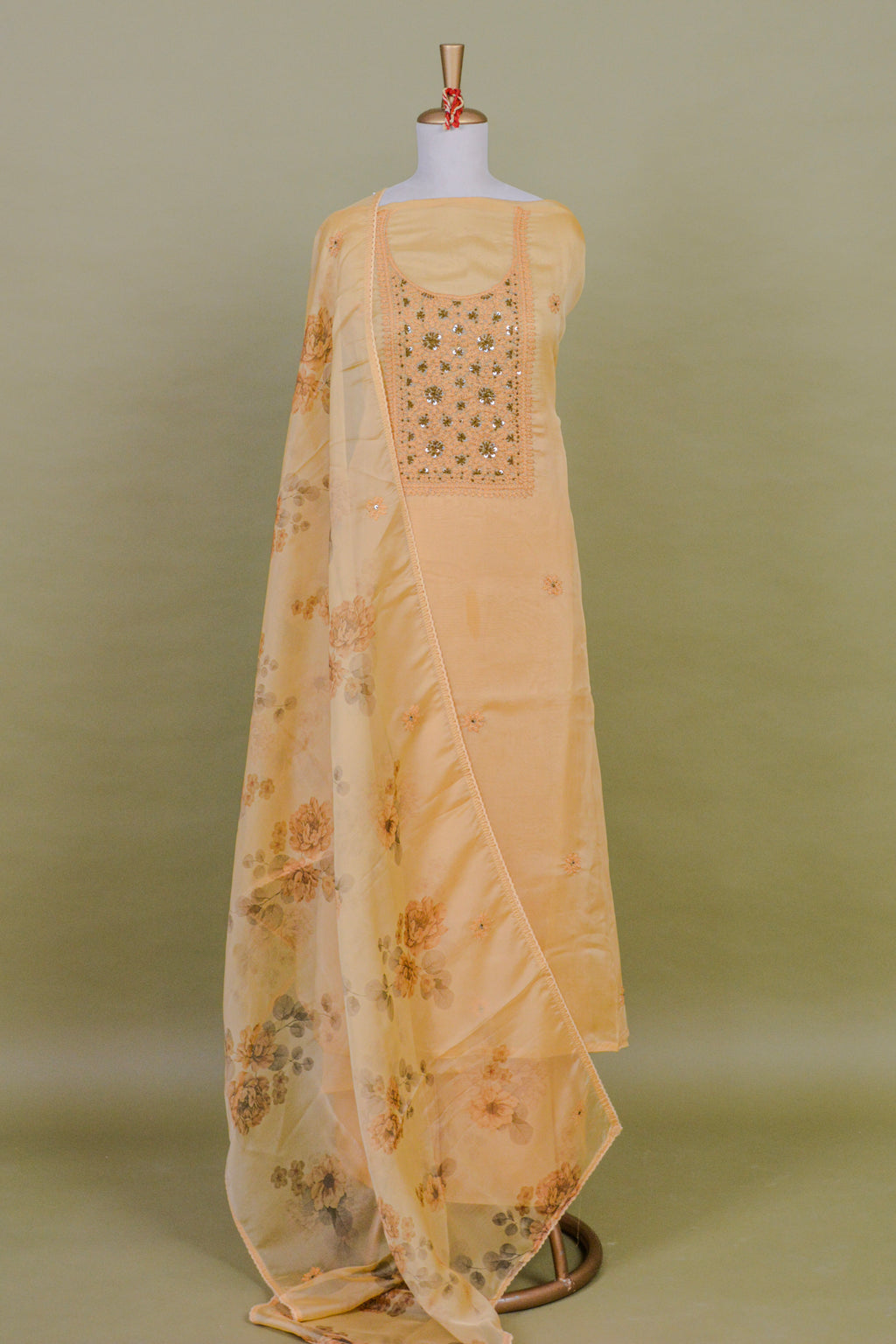 Butter Yellow Organza Jamdani Suit Set with Hand Embroidery & Printed Dupatta – Unstitched 3-Piece