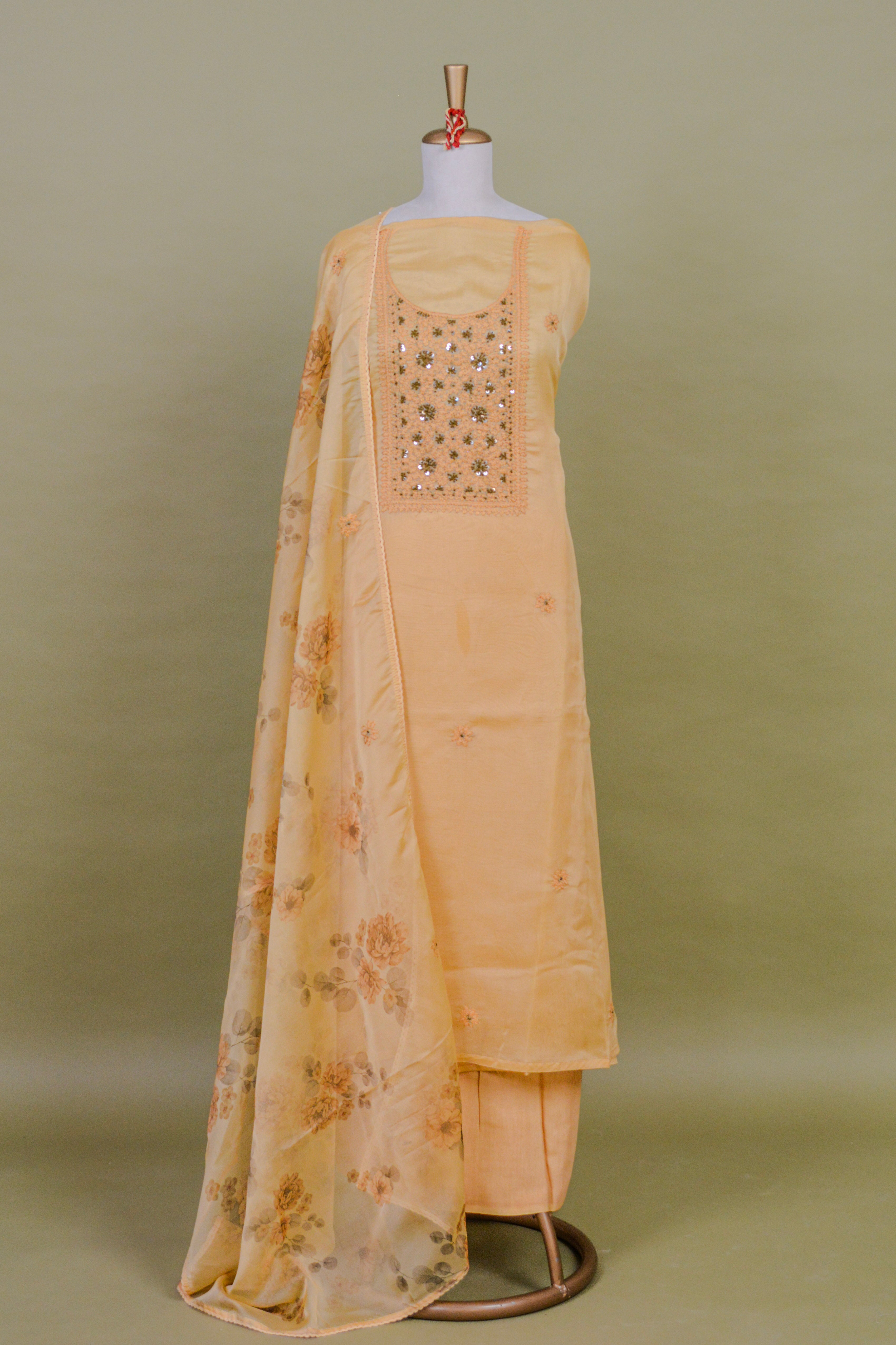Butter Yellow Organza Jamdani Suit Set with Hand Embroidery & Printed Dupatta – Unstitched 3-Piece