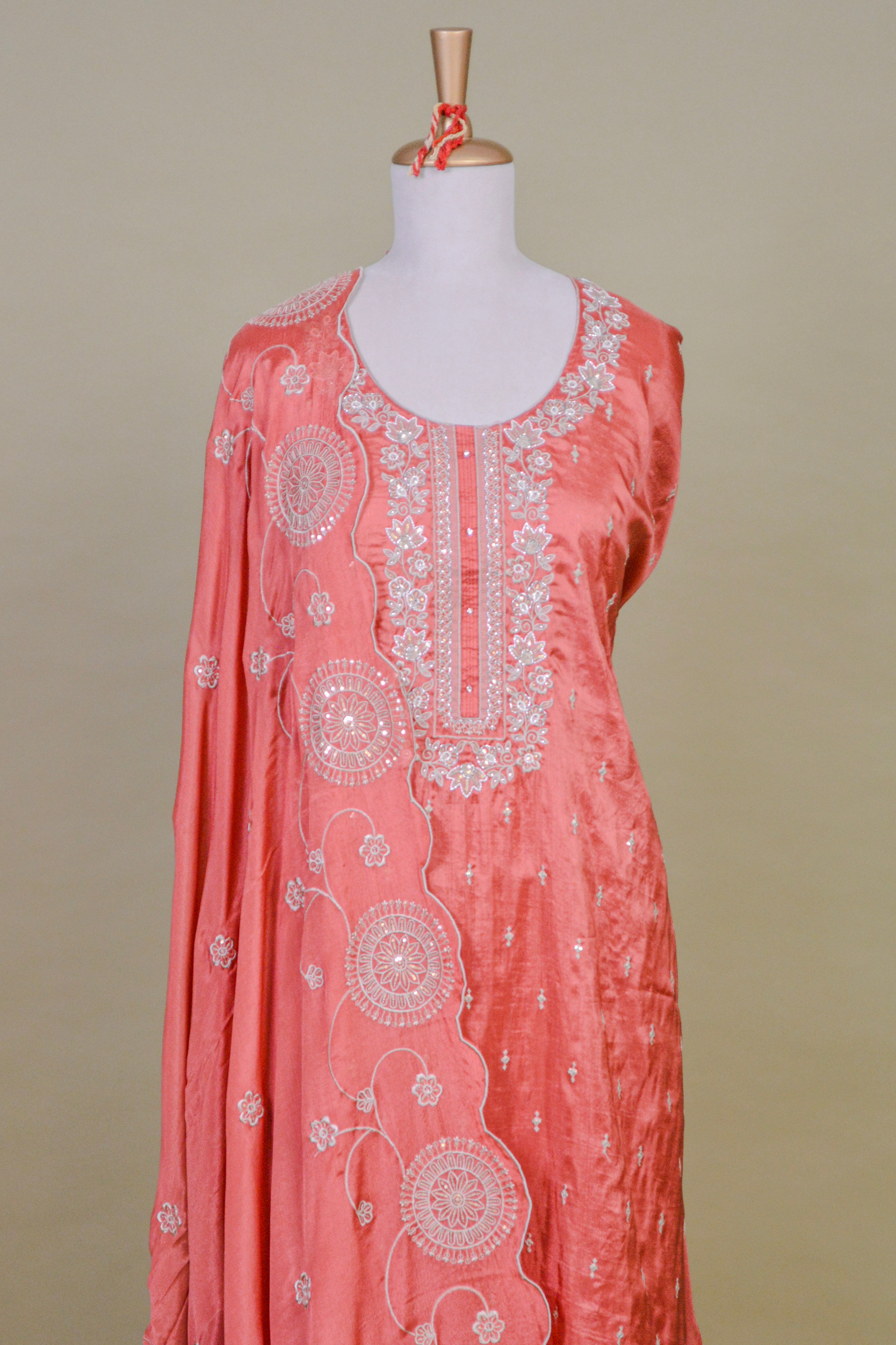 Coral Peach Upada Silk Suit Set with Zari Embroidery & Scalloped Dupatta – Unstitched 3-Piece