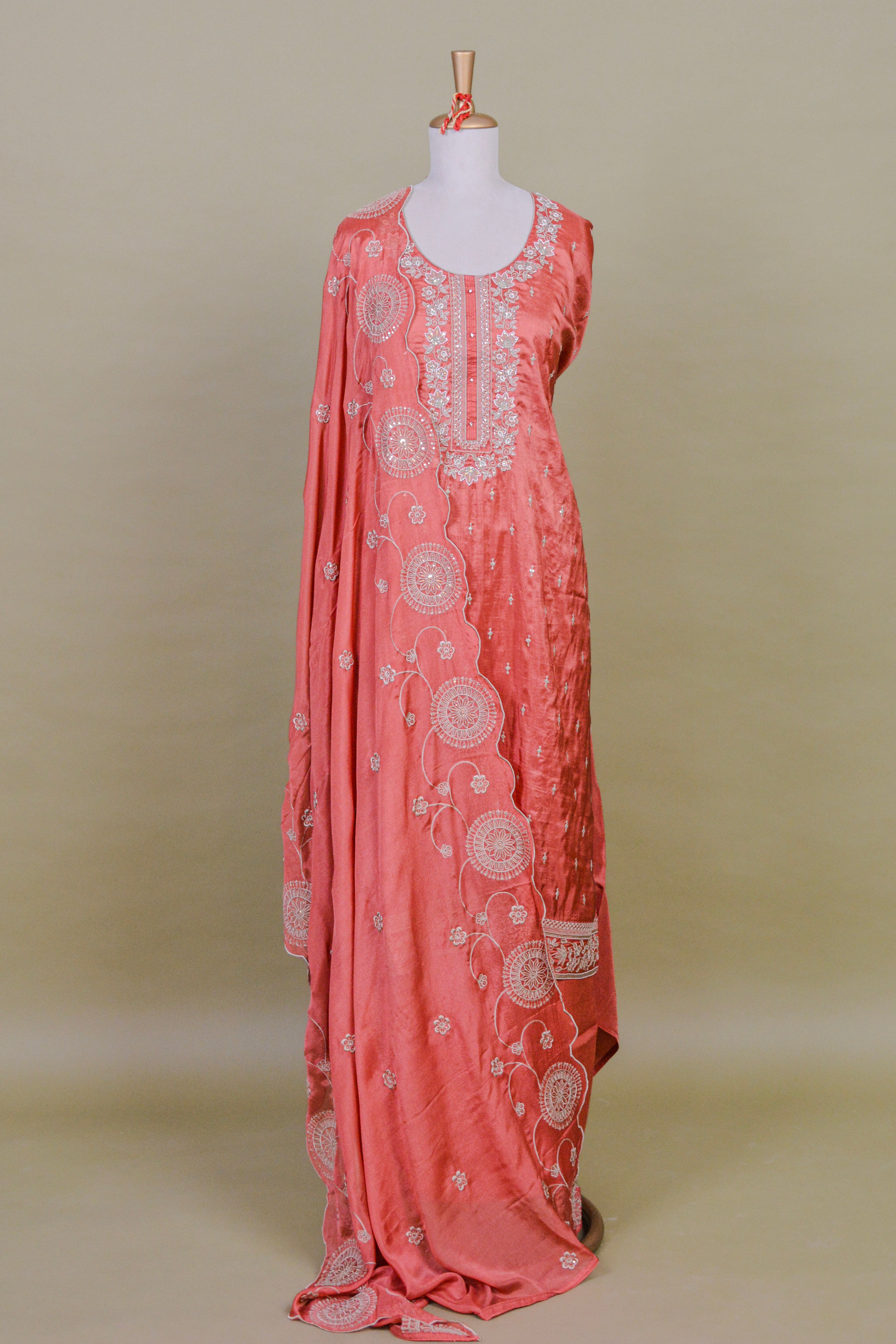 Coral Peach Upada Silk Suit Set with Zari Embroidery & Scalloped Dupatta – Unstitched 3-Piece