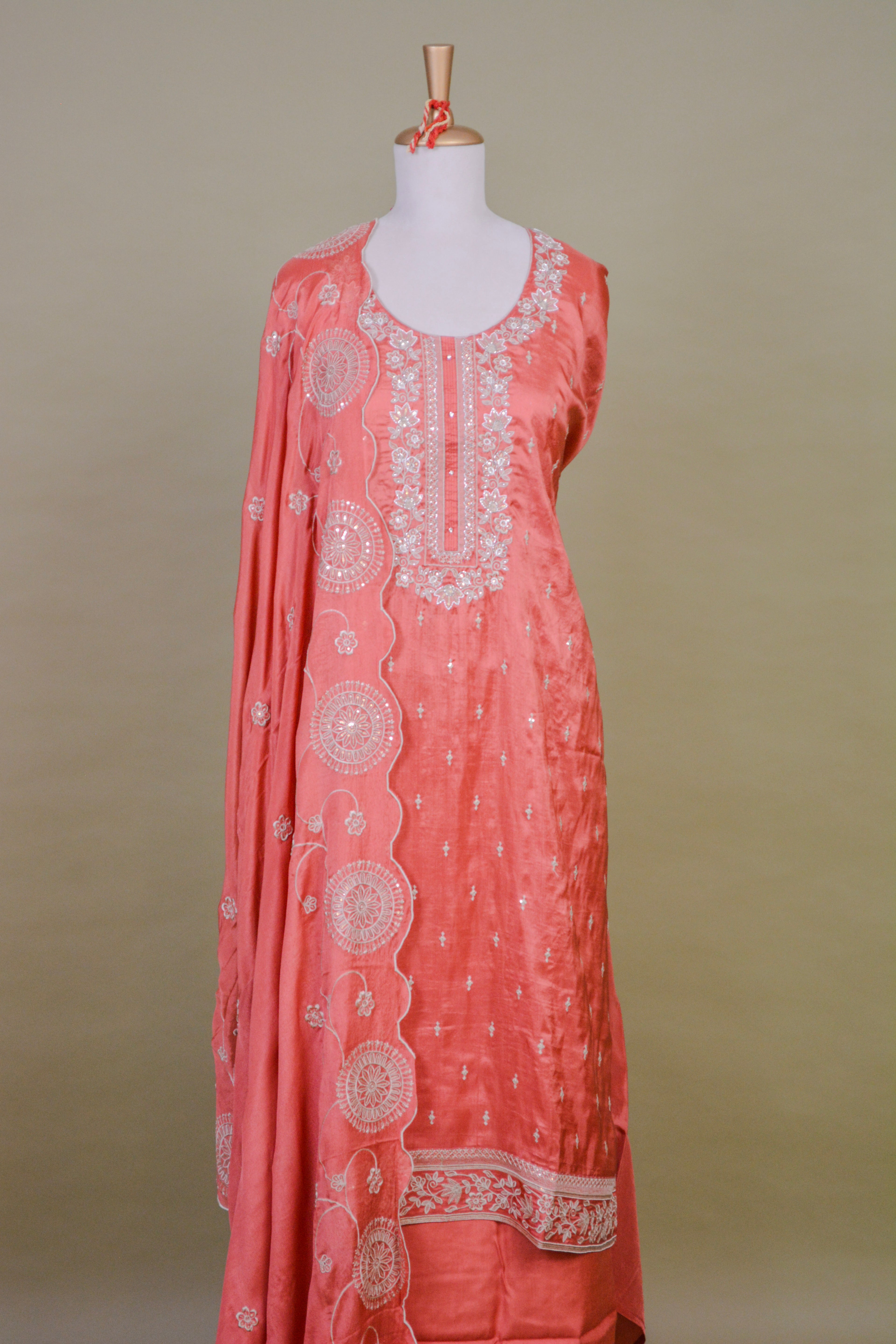 Coral Peach Upada Silk Suit Set with Zari Embroidery & Scalloped Dupatta – Unstitched 3-Piece