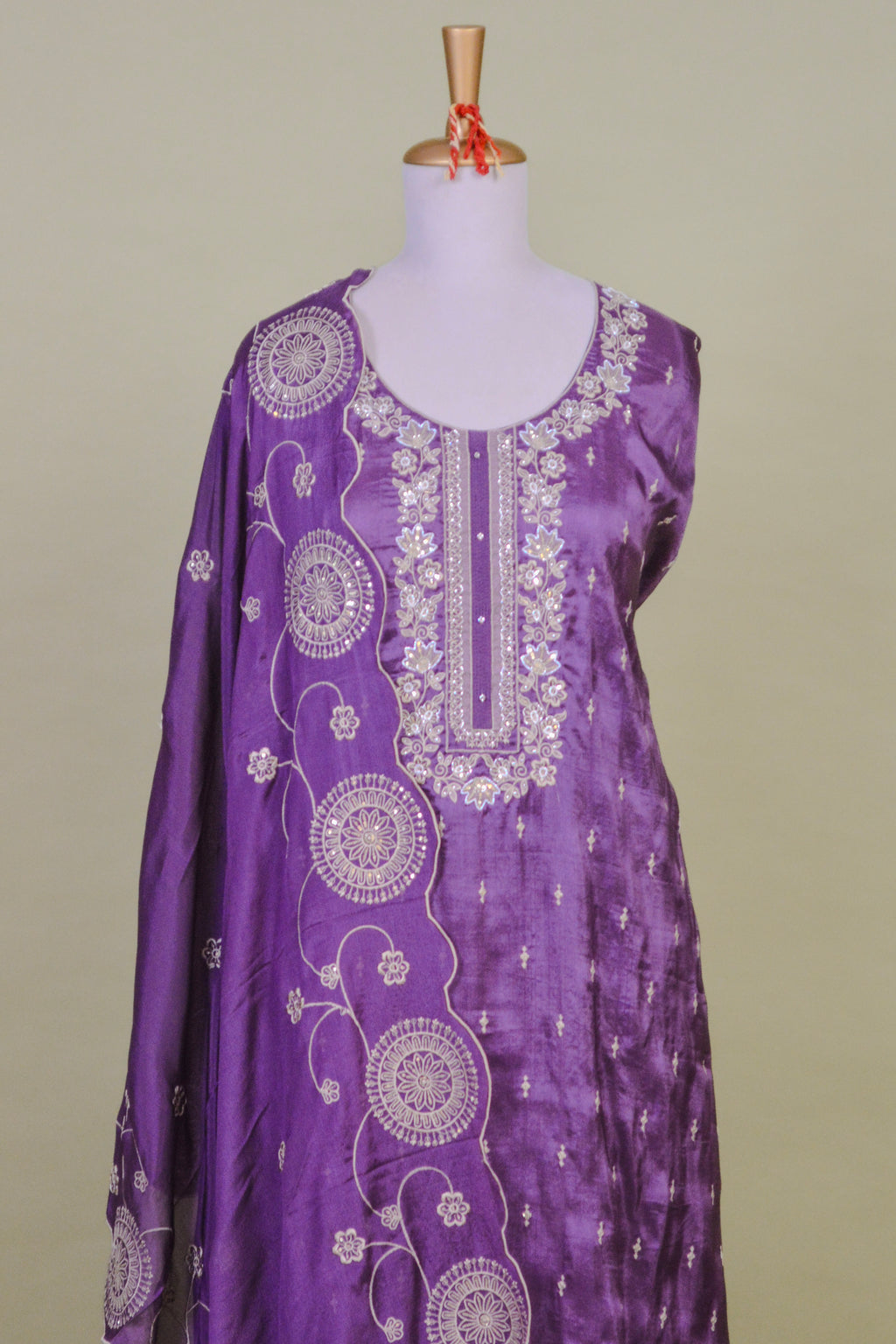 Lavender Upada Silk Suit Set with Zari Embroidery & Scalloped Dupatta – Unstitched 3-Piece