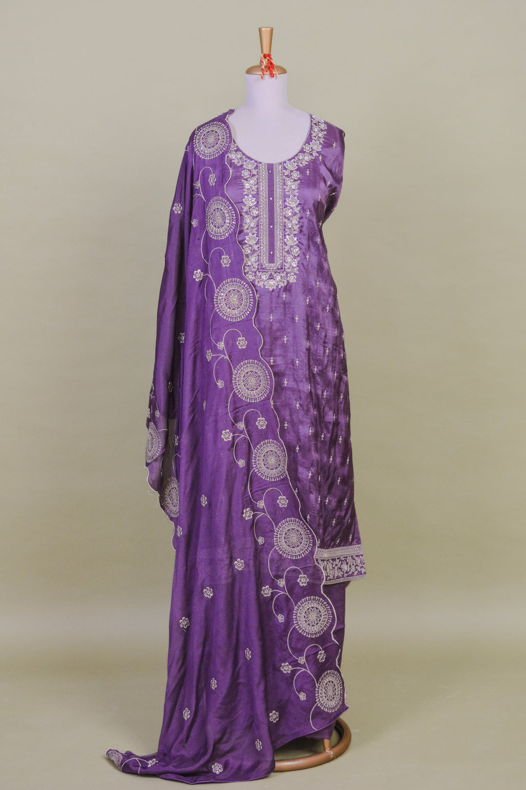 Lavender Upada Silk Suit Set with Zari Embroidery & Scalloped Dupatta – Unstitched 3-Piece