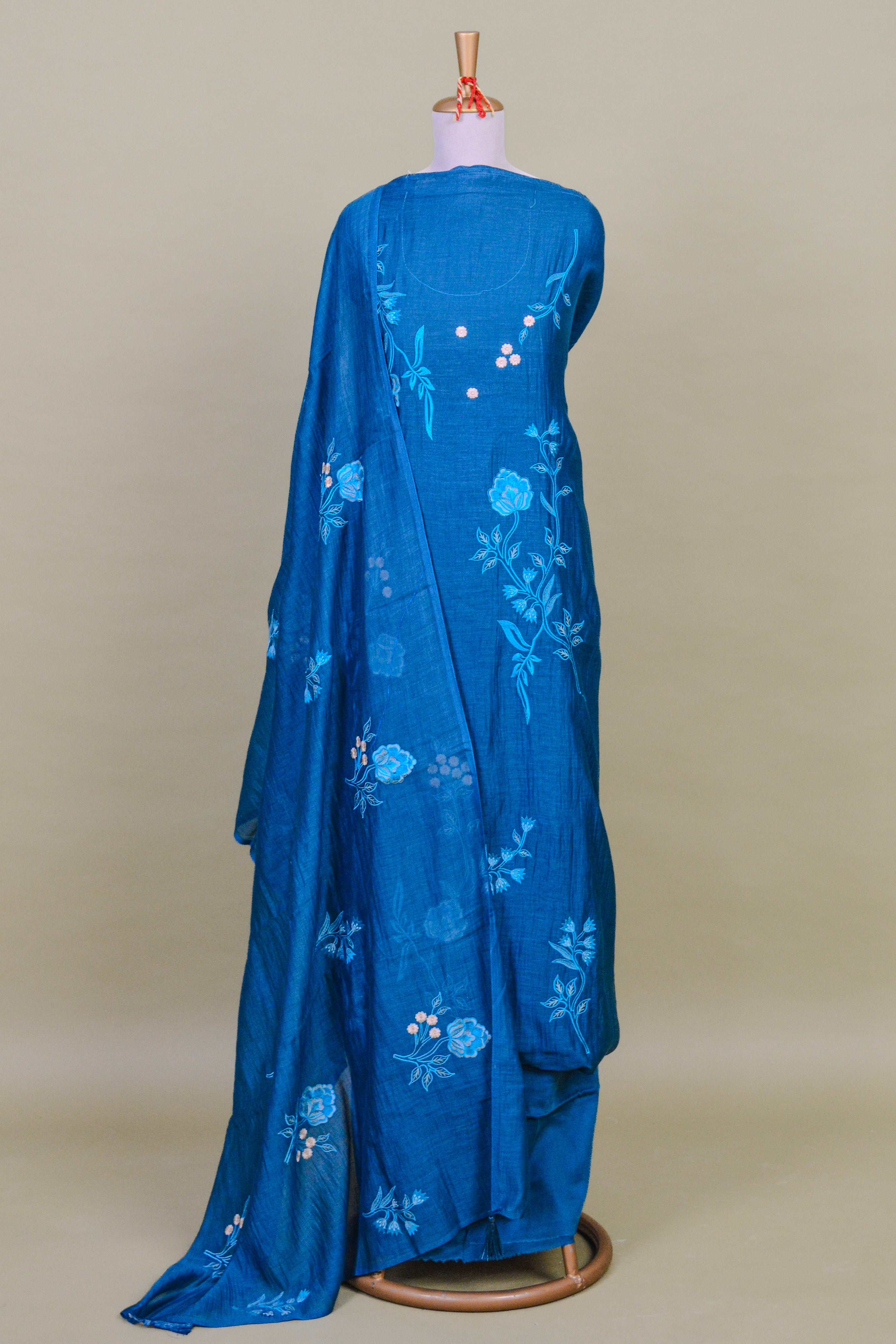 Blue Mul Chanderi Suit Set with Floral Embroidery – Unstitched 3-Piece