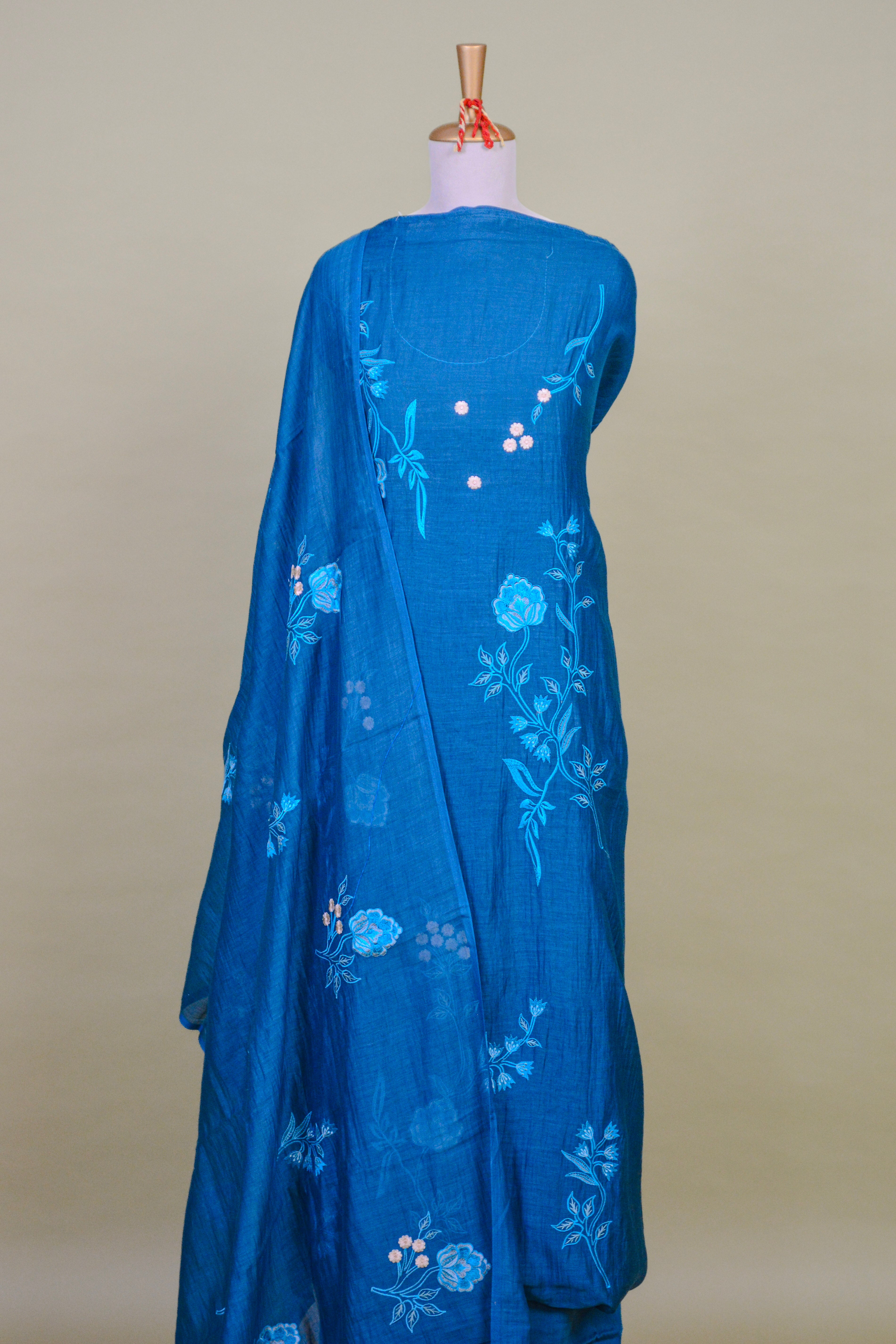 Blue Mul Chanderi Suit Set with Floral Embroidery – Unstitched 3-Piece