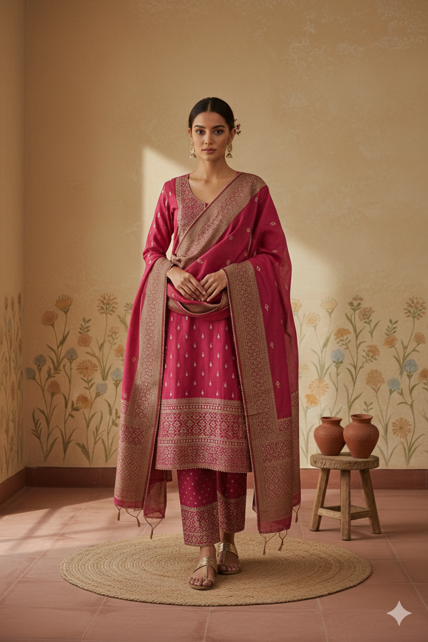 Deep Rose Pink Hand Block Printed Raw Silk Suit Set with Hand Embroidery – Unstitched 3-Piece