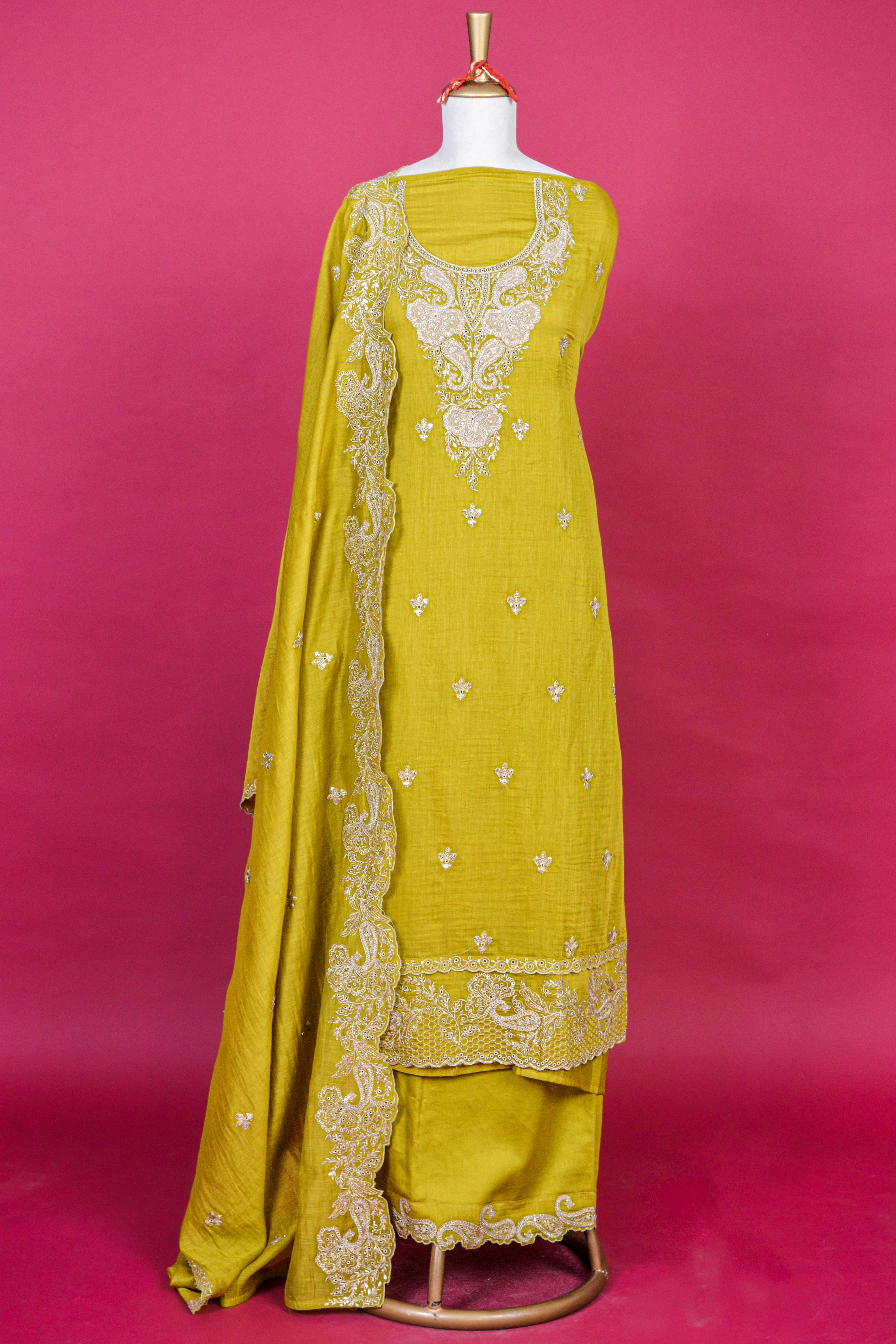 Citrus Green Mul Chanderi Cutwork Embroidered Suit with Scalloped Dupatta – 3 piece