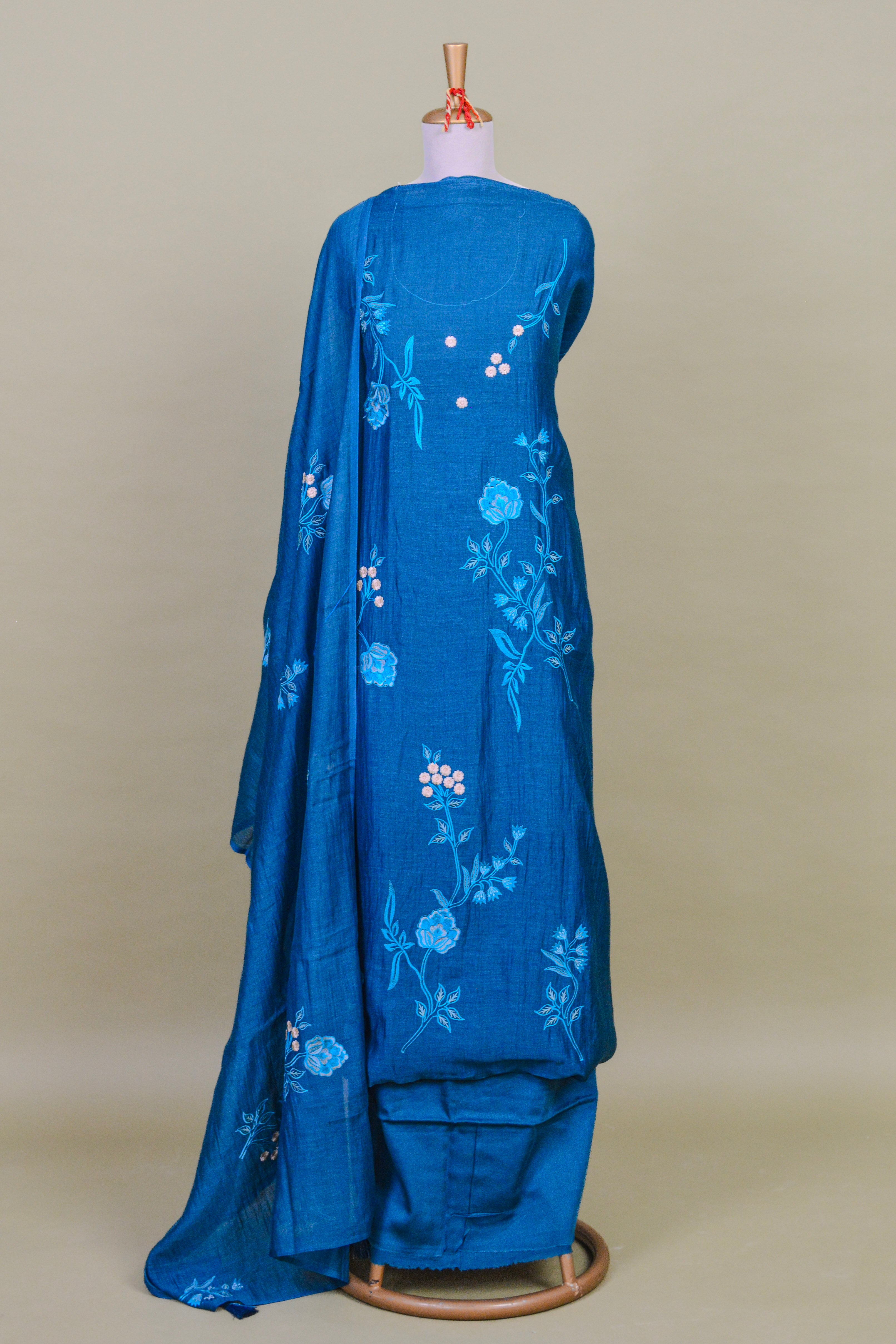 Blue Mul Chanderi Suit Set with Floral Embroidery – Unstitched 3-Piece