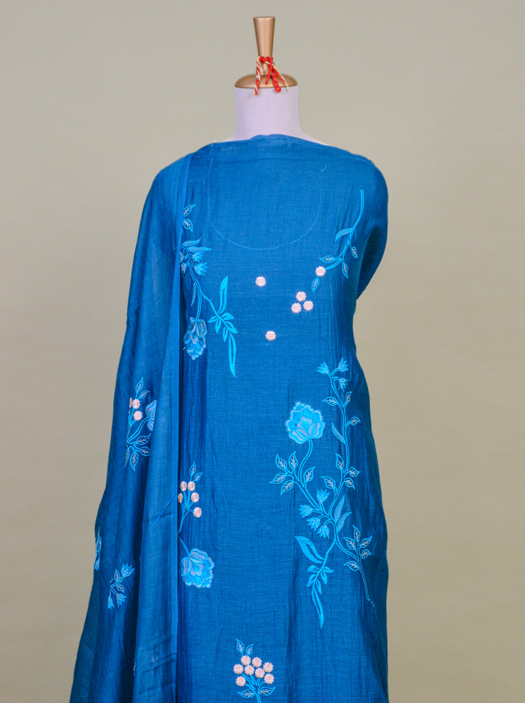 Blue Mul Chanderi Suit Set with Floral Embroidery – Unstitched 3-Piece