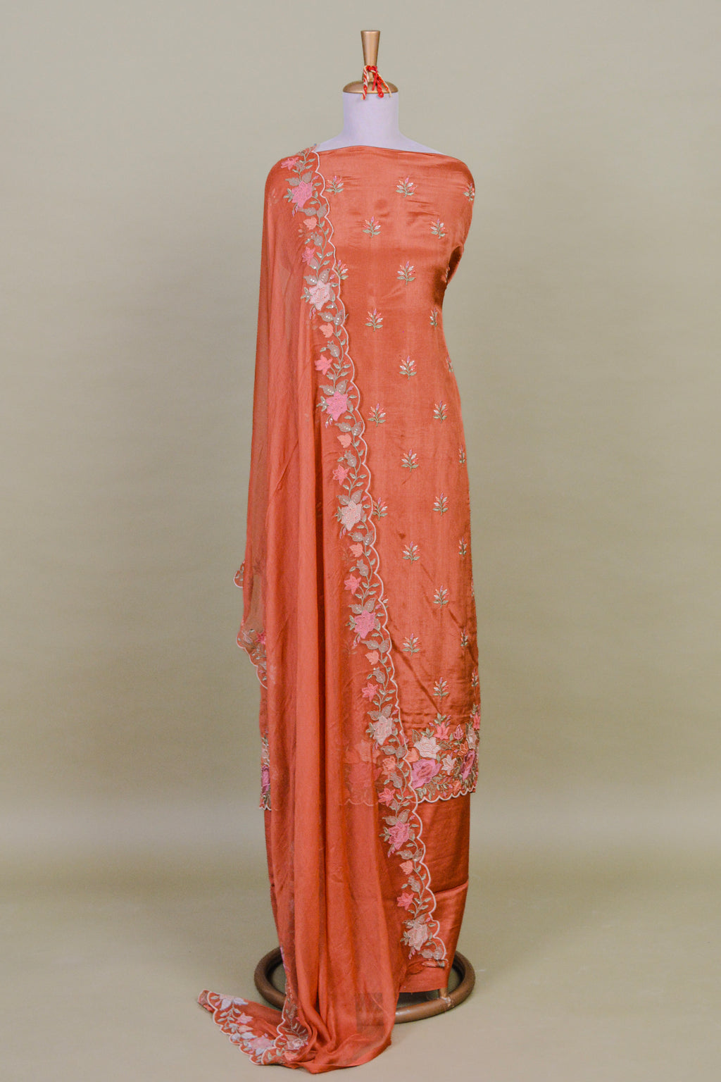 Tangerine Orange Chinon Suit Set with Cutwork Resham Embroidery – Unstitched 3-Piece