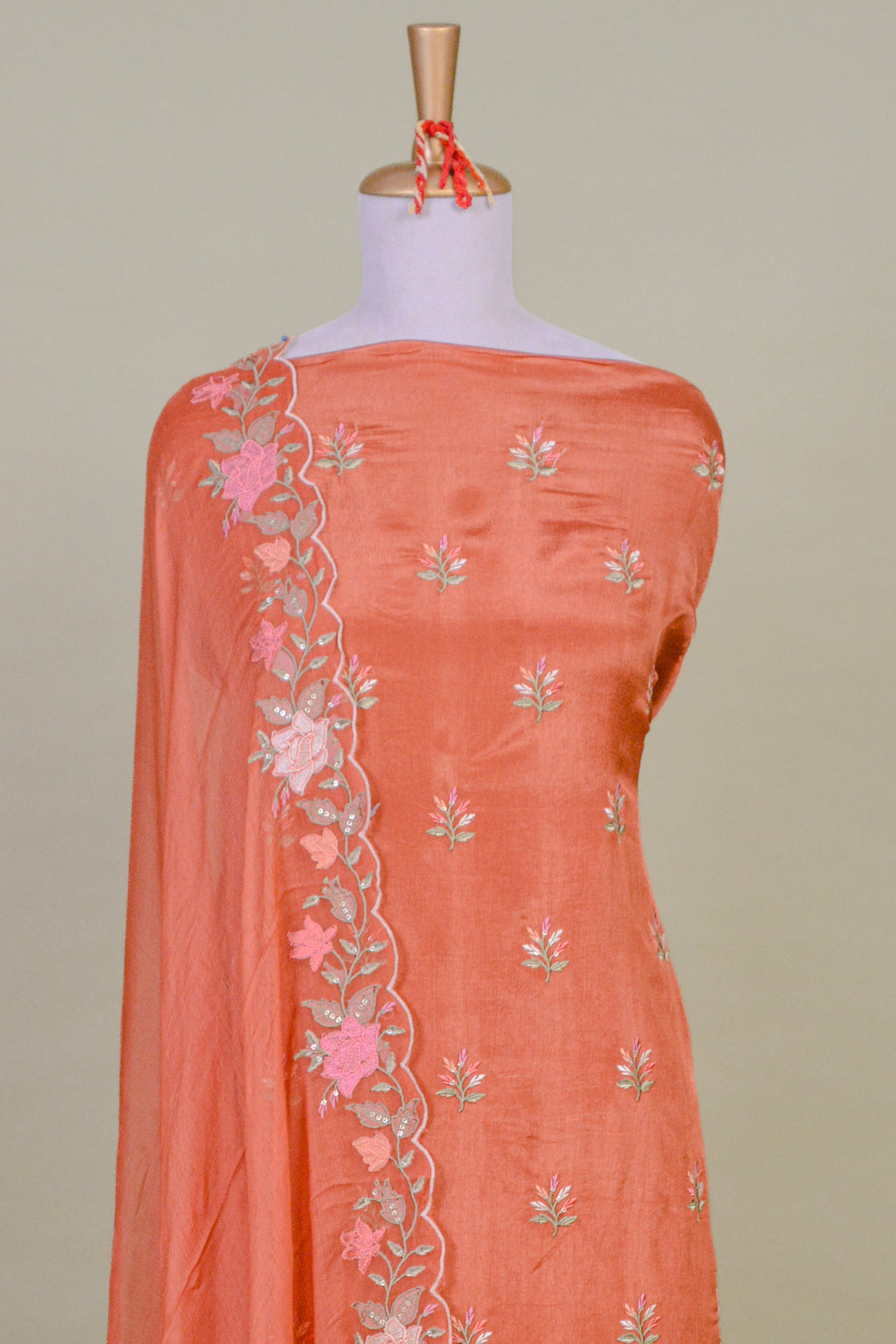 Tangerine Orange Chinon Suit Set with Cutwork Resham Embroidery – Unstitched 3-Piece