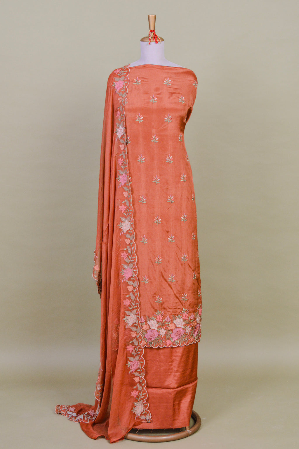 Tangerine Orange Chinon Suit Set with Cutwork Resham Embroidery – Unstitched 3-Piece