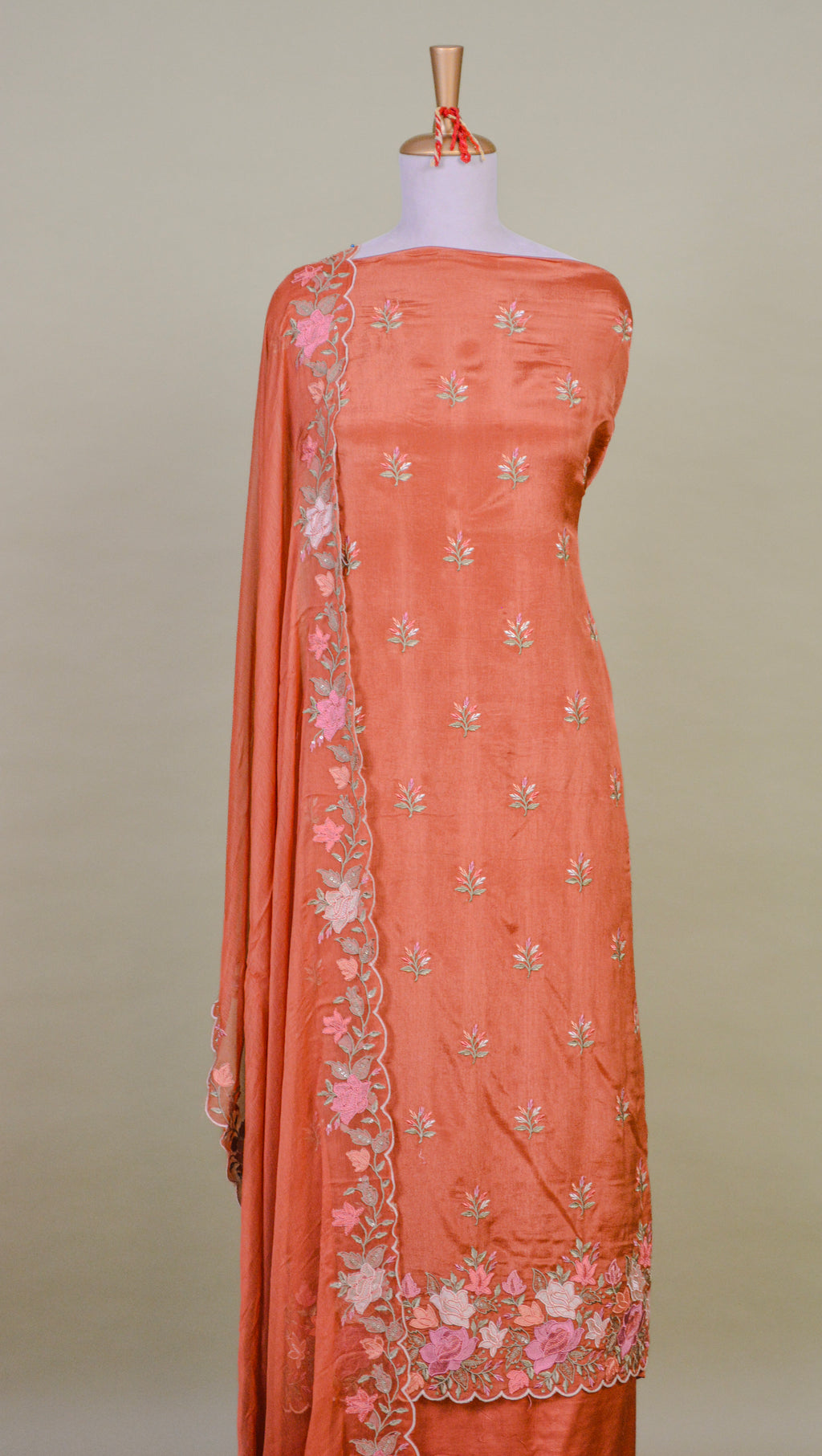 Tangerine Orange Chinon Suit Set with Cutwork Resham Embroidery – Unstitched 3-Piece