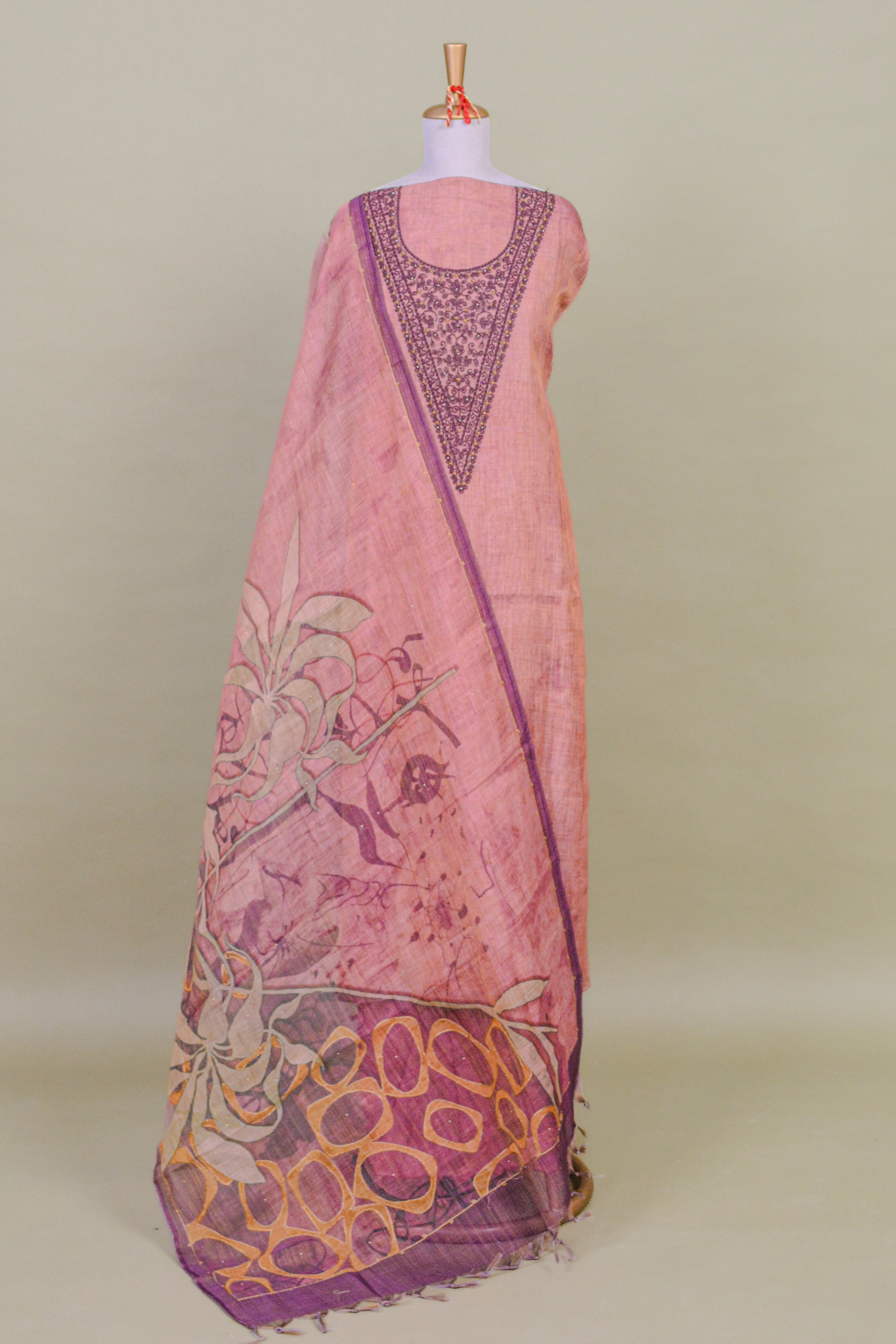 Dusty Rose Linen Cotton Jamdani Suit Set with Dori Work – Unstitched 3-Piece