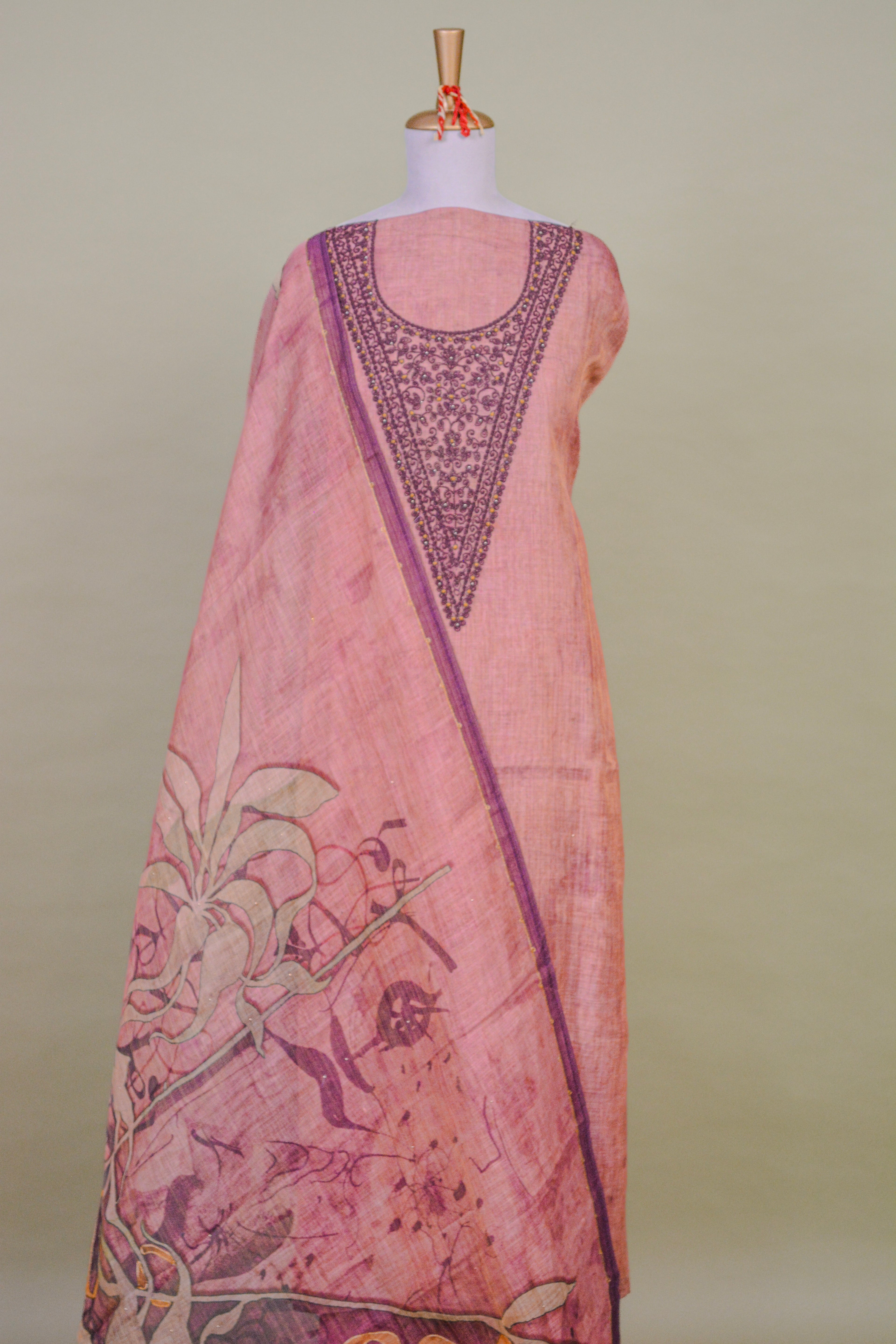 Dusty Rose Linen Cotton Jamdani Suit Set with Dori Work – Unstitched 3-Piece
